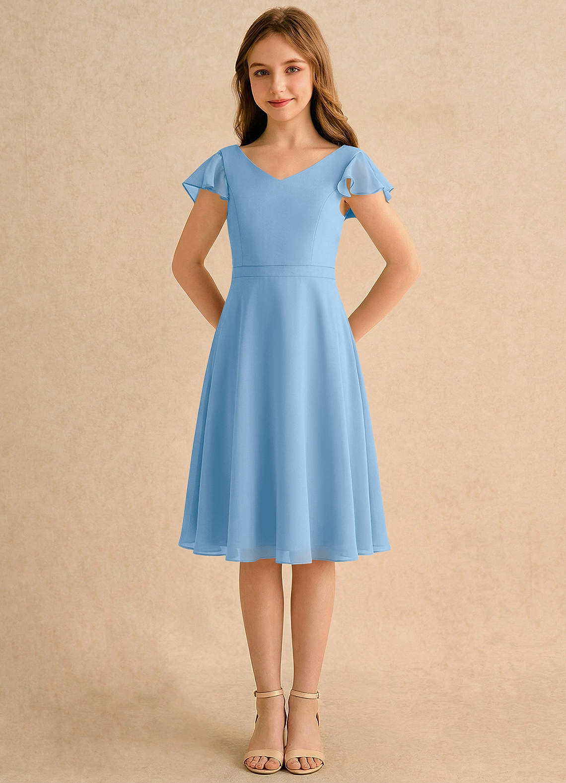Azazie Narin Girls Formal Flower Girl Dresses Powder Blue A-Line with Sleeves Chiffon Dress image4