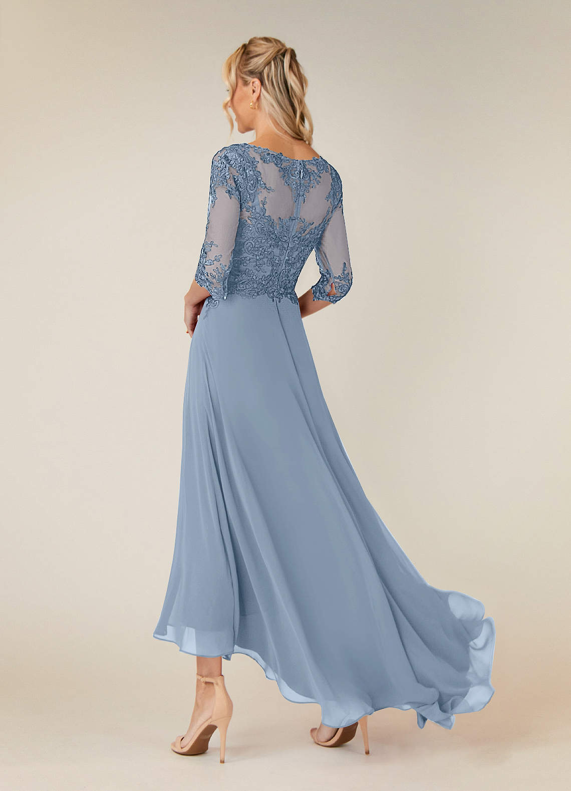 Dusty Blue A-Line with Belt Chiffon Dress