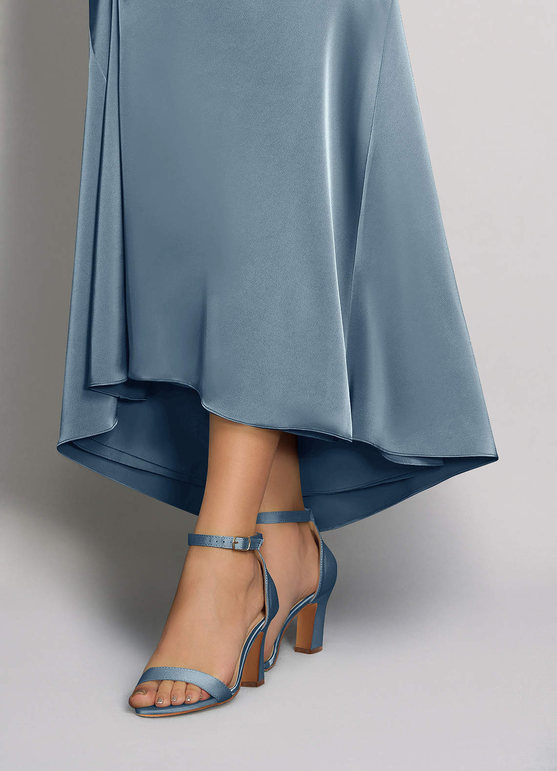 front Matching Color Stretch Satin One Strap Buckle Chunky Heel Sandals