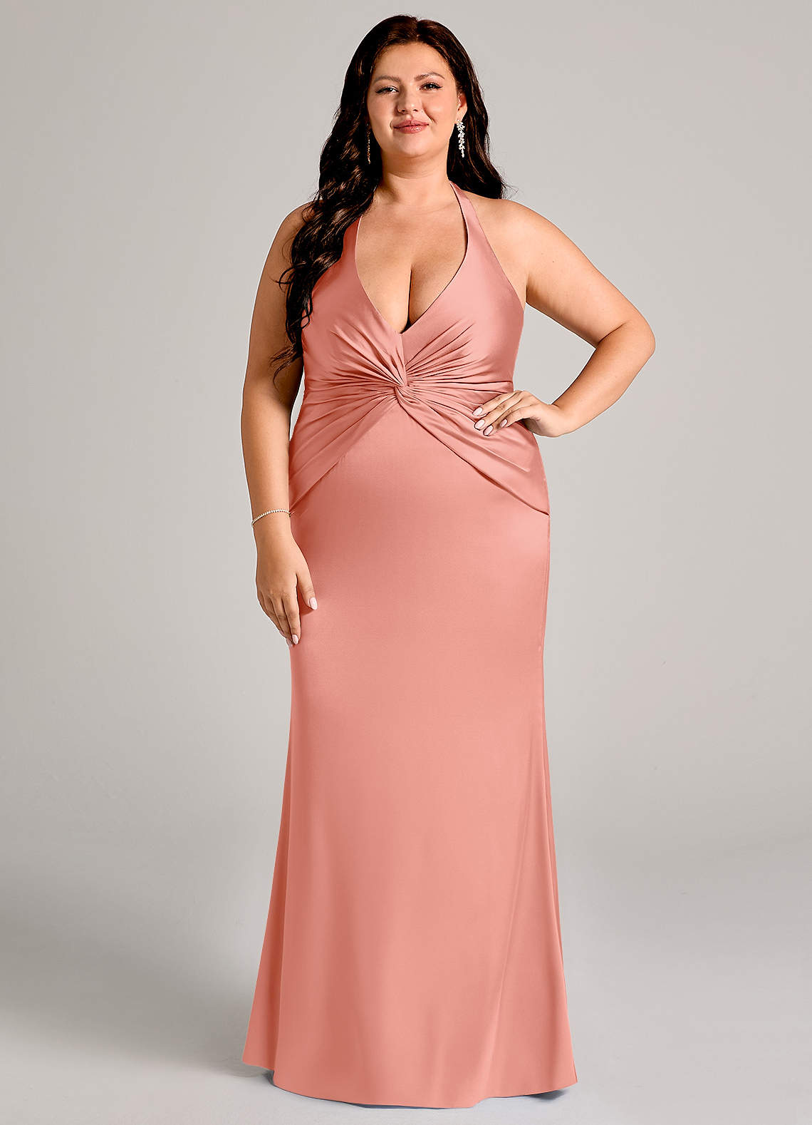 deep coral bridesmaid dresses Azazie Valerie Stretch Satin coral formal dress