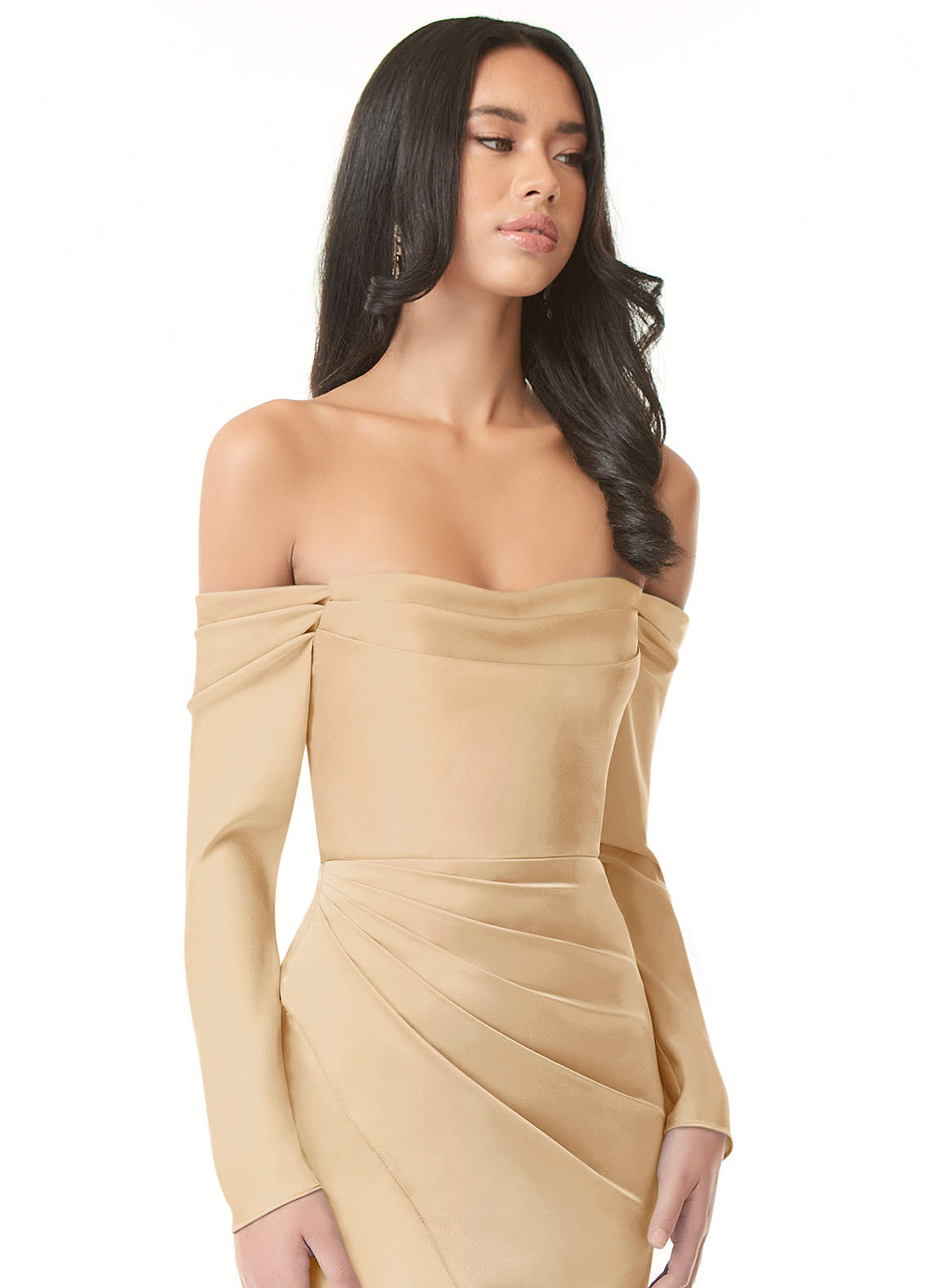 Azazie Hallie Brautjungfernkleider Wandelbar Etui Schulterfreies Langarmshirt Stretch-Satin Kleid Gold image1