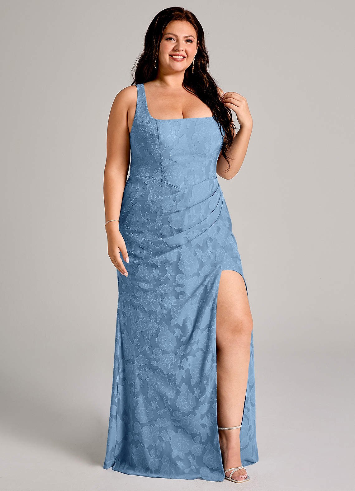 Azazie Mero Bridesmaid Dresses Steel Blue Sheath Pleated Floral Burnout Dress image9