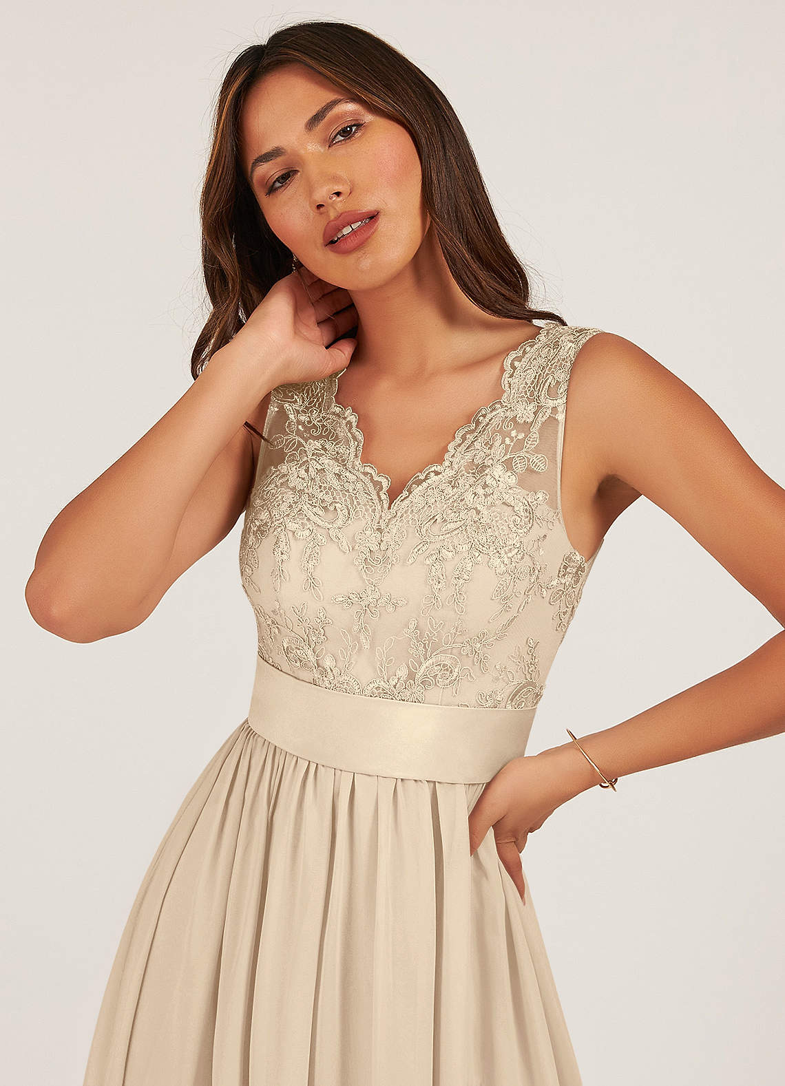 Azazie Gertrude Bridesmaid Dresses Champagne A-Line Lace Chiffon Dress image5