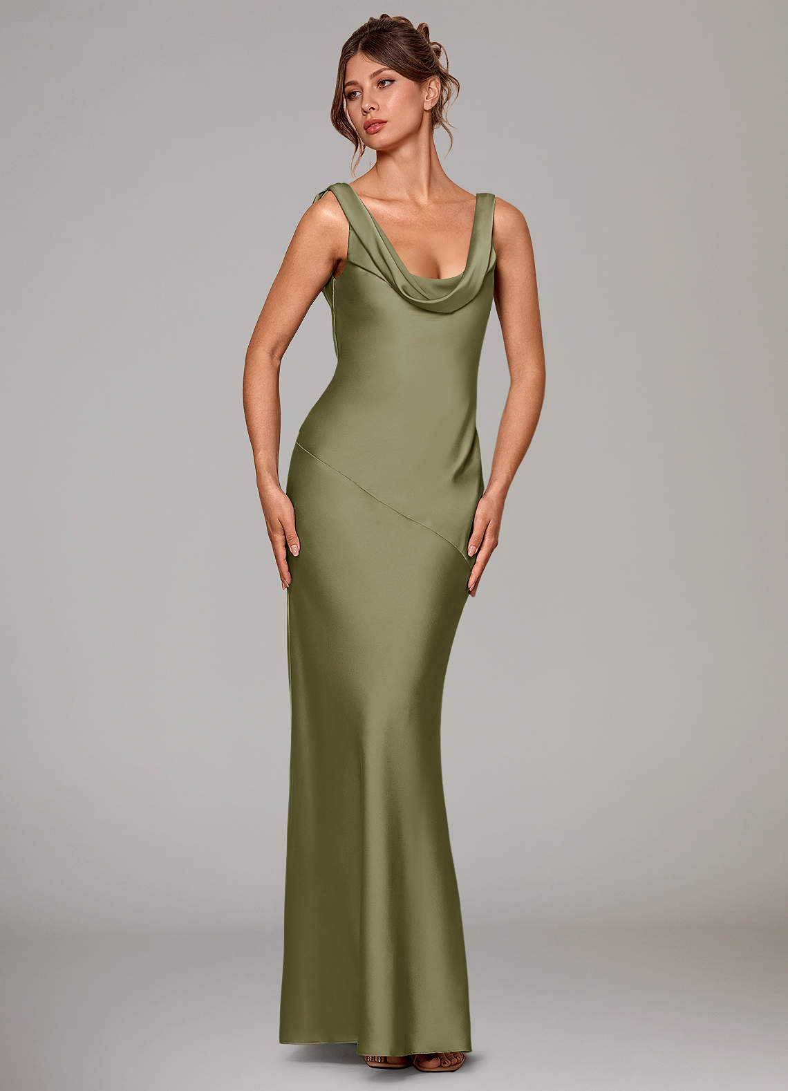 Azazie Rylina Vestidos de damas de honor Vestido de Pistacho de Satén Elástico de Corte Sirena image7