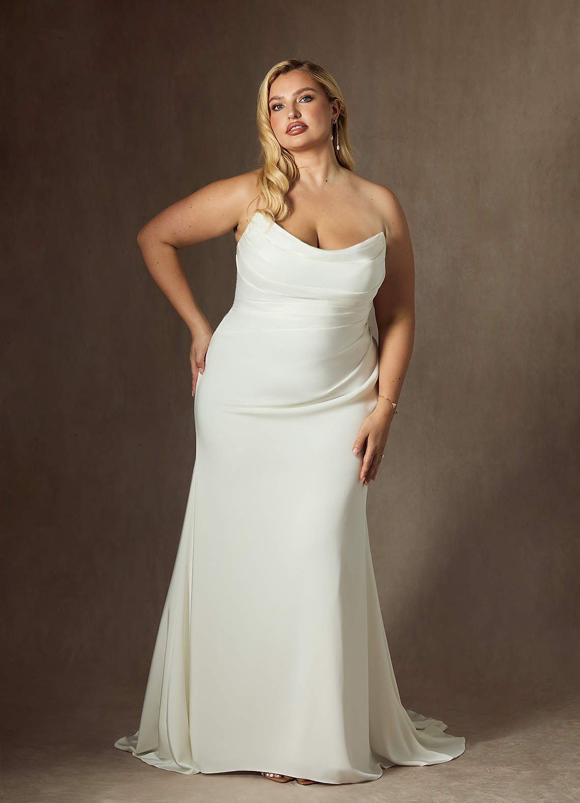 Azazie Elyse At-home Try On Dresses Diamond White Mermaid Strapless Crepe Back Satin Dress image12