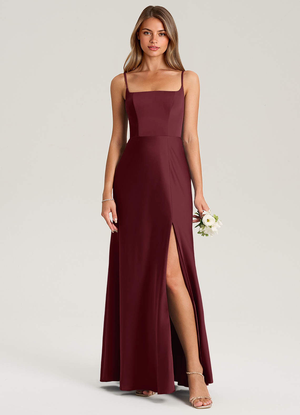 Azazie Lidia Vestidos de damas de honor Vestido de Cabernet de Satén Elástico de Corte Sirena con Corte Lateral image10