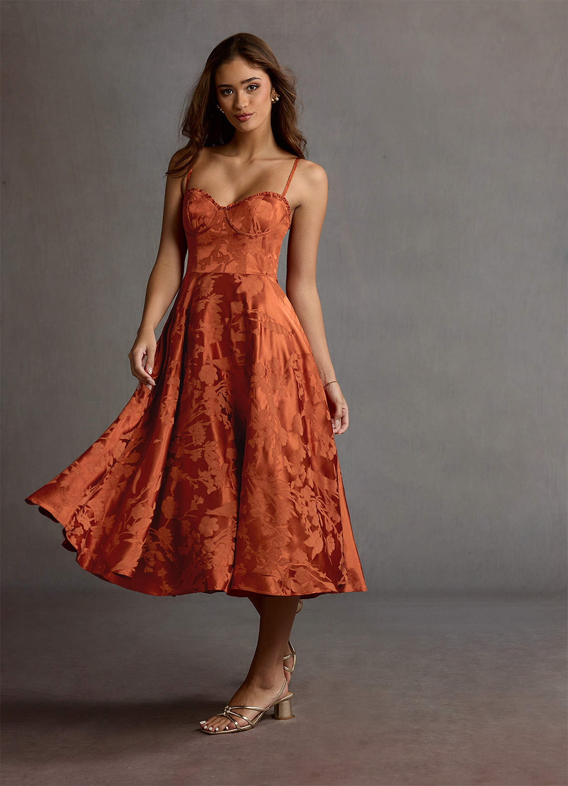 chinese dress ladies Latin Quarters Women Rust Floral Lace Fit & Flare Midi Dress for Party