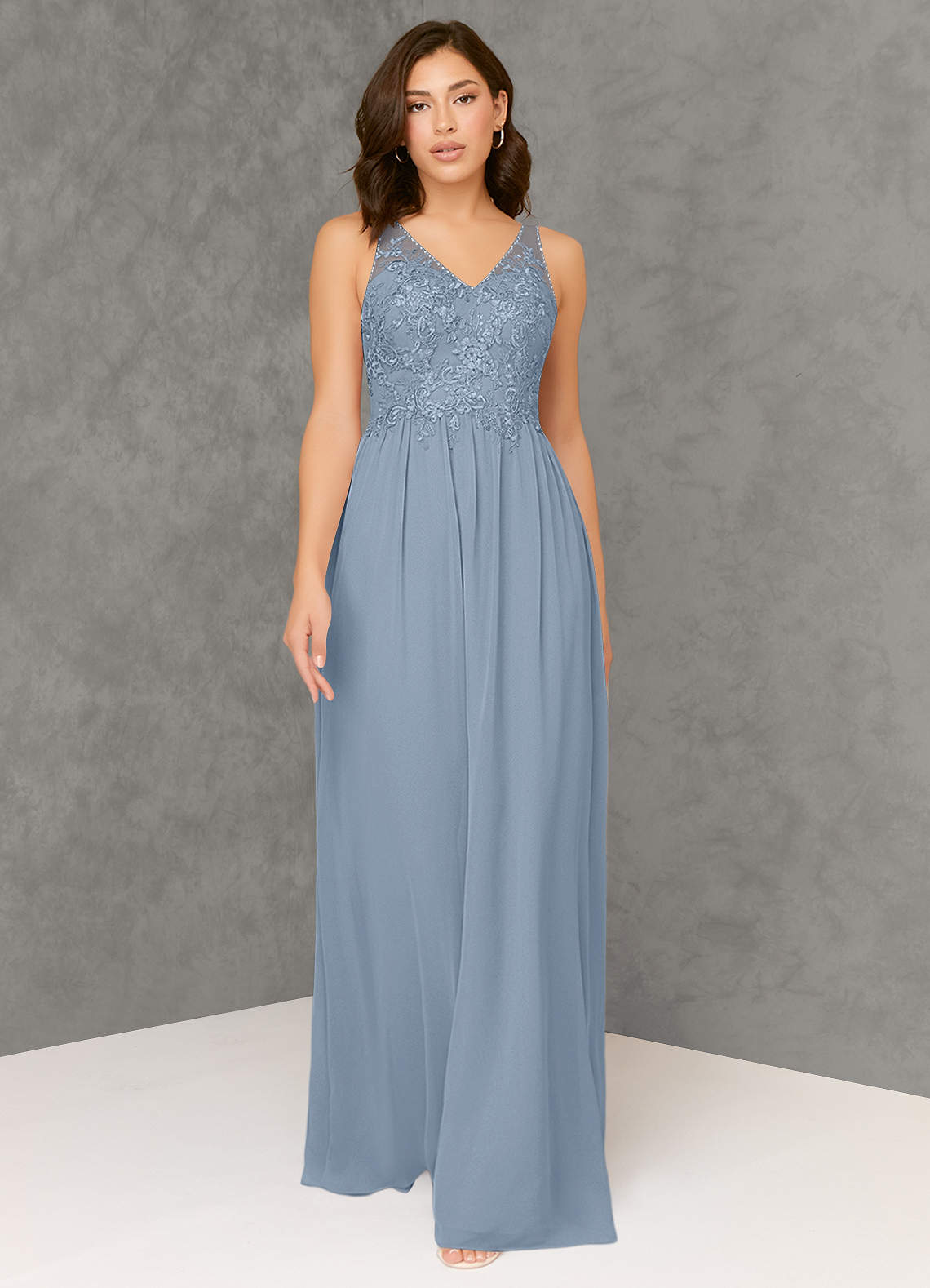 Azazie Amy Bridesmaid Dresses Dusty Blue A-Line Lace Chiffon Dress image1