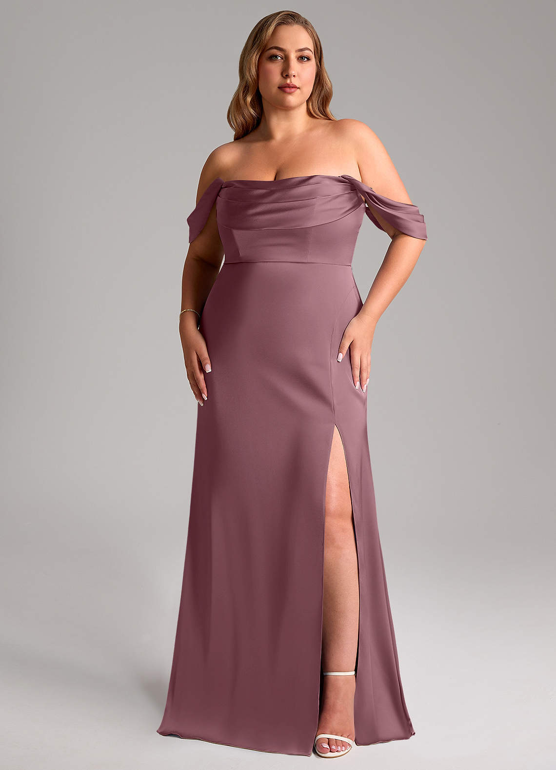 Azazie Saige At-home Try On Dresses Amethyst Sheath Off the Shoulder Stretch Satin Dress image11