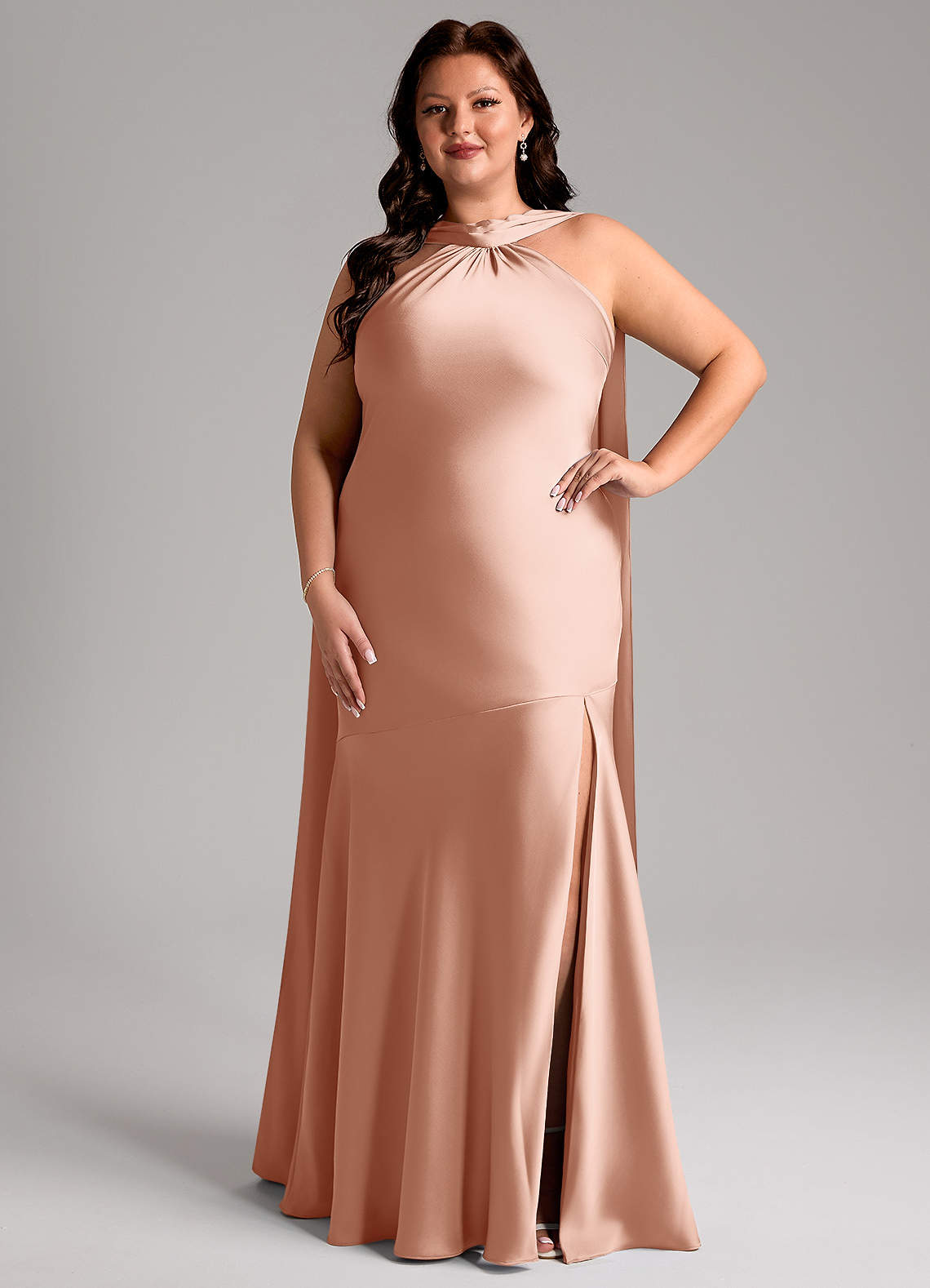 Azazie Kinsley Bridesmaid Dresses Rose Gold Mermaid Side Slit Stretch Satin Dress image1