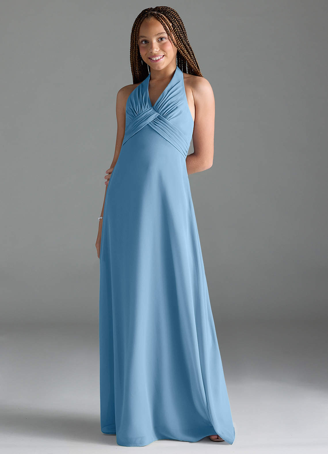 Azazie Tessie Junior Steel Blue A-Line Pleated Chiffon Dress image1
