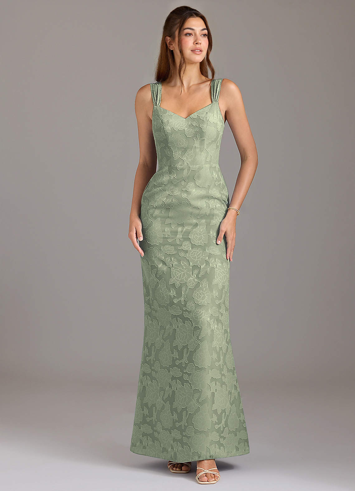 Azazie Denice Vestidos de damas de honor Vestido de Agave de Devorado Floral de Corte en A con Plisado image1