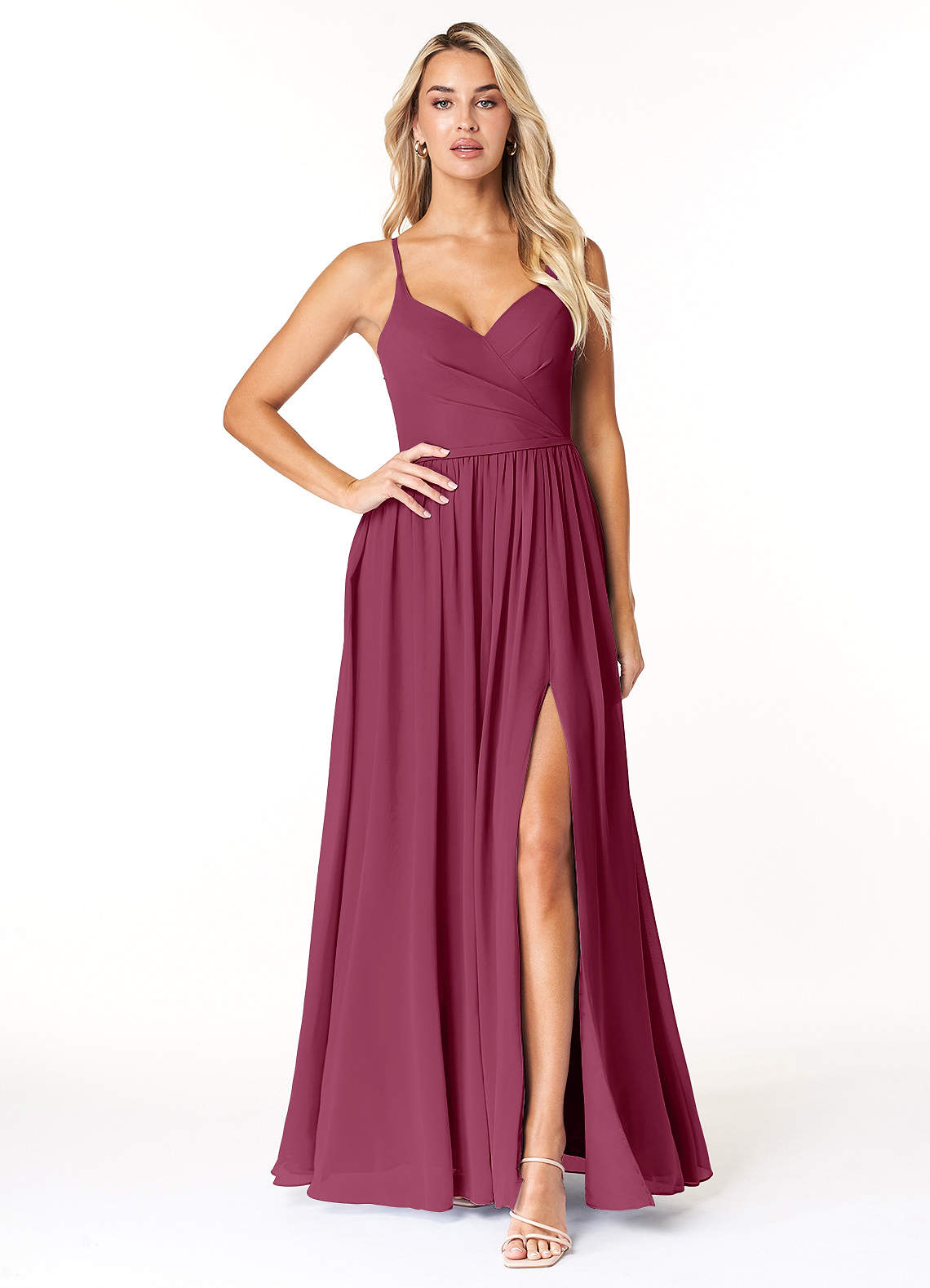 Azazie Dominic Bridesmaid Dresses Mulberry A-Line V-Neck Pleated Chiffon Dress image1