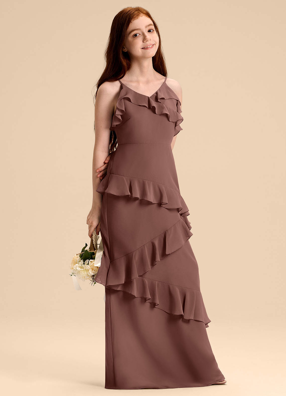 Azazie Evara Junior Robe Trapèze en Mousseline de soie Expresso image5