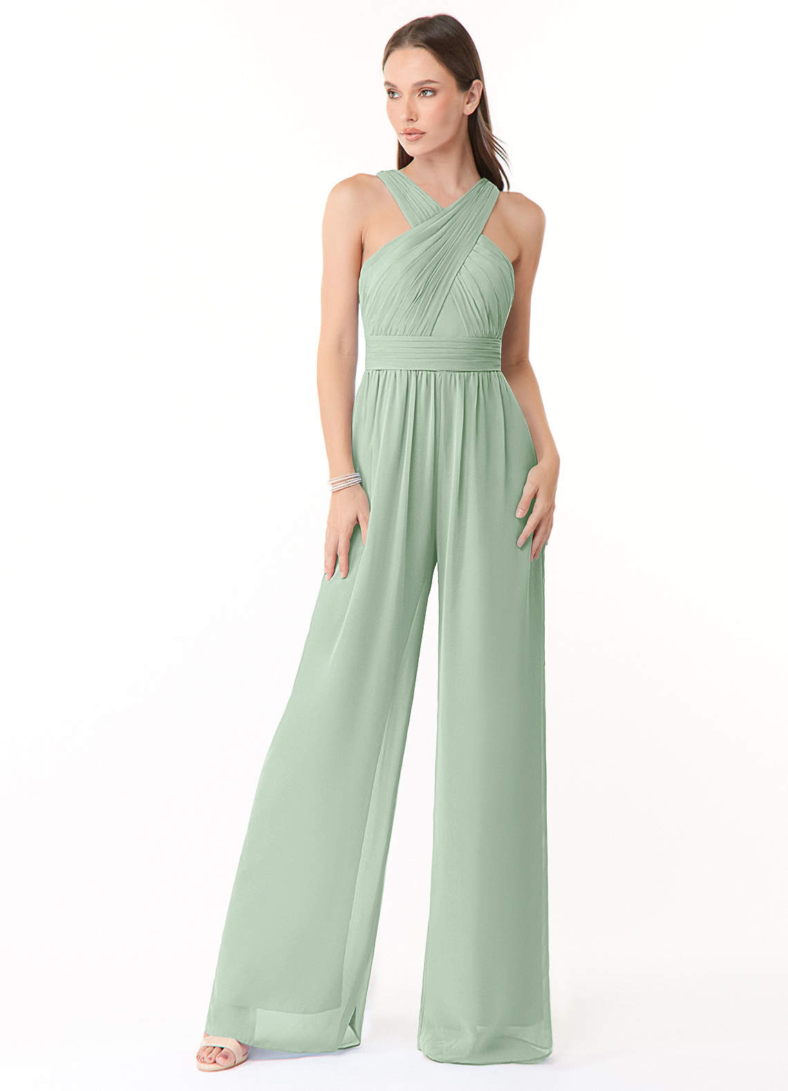 Azazie Berdie Abiti da Damigella Tuta in Chiffon con Scollo Halter Agave image1