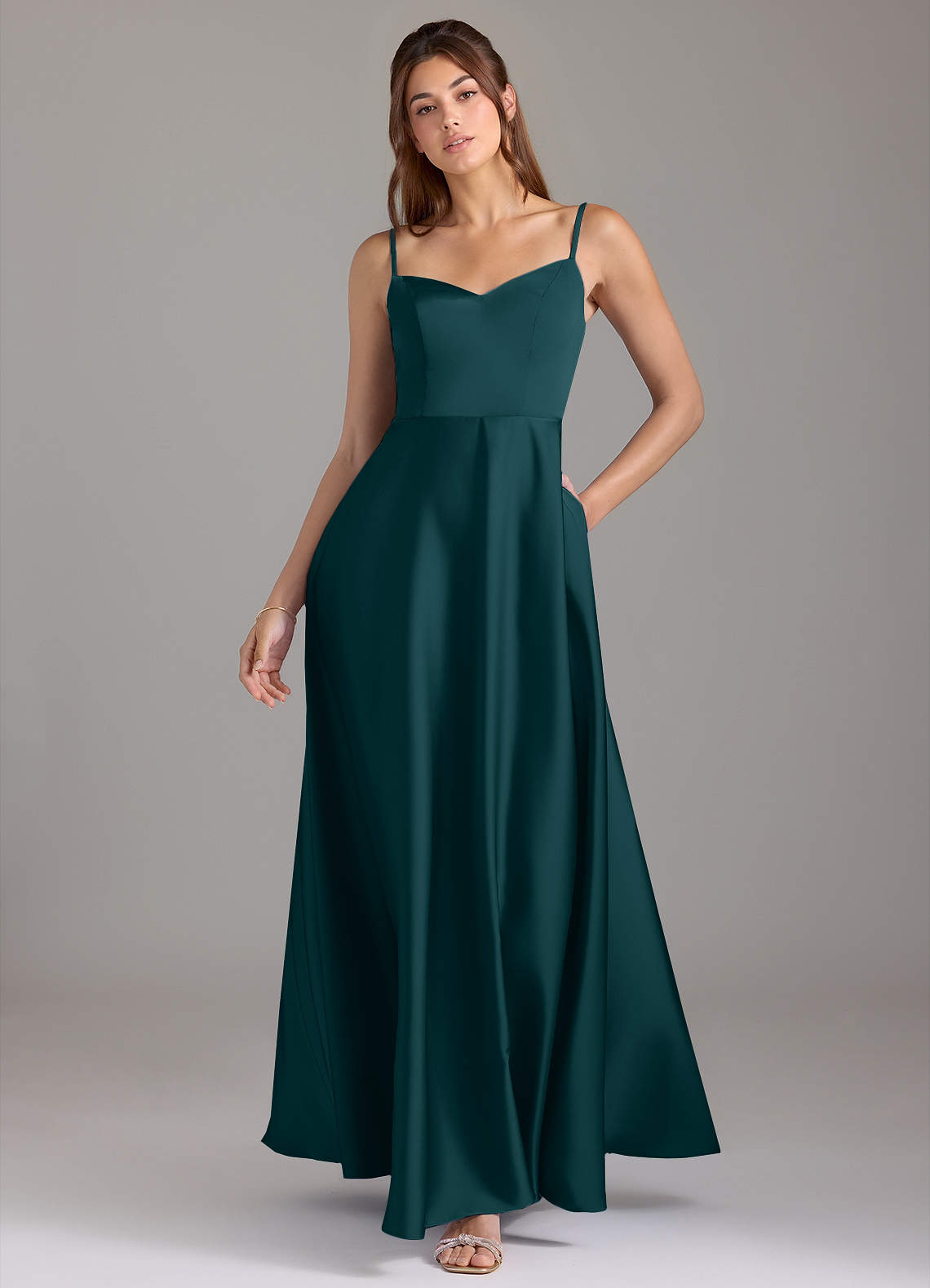 Azazie Marley Bridesmaid Dresses Pine A-Line Off the Shoulder Stretch Satin Convertible Dress image1