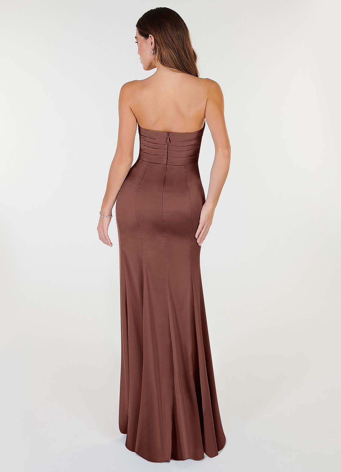 Azazie Yola Vestidos de damas de honor Vestido de Expresado de Satén Elástico de Corte Recto Convertible con Cuello en V Plisado image4