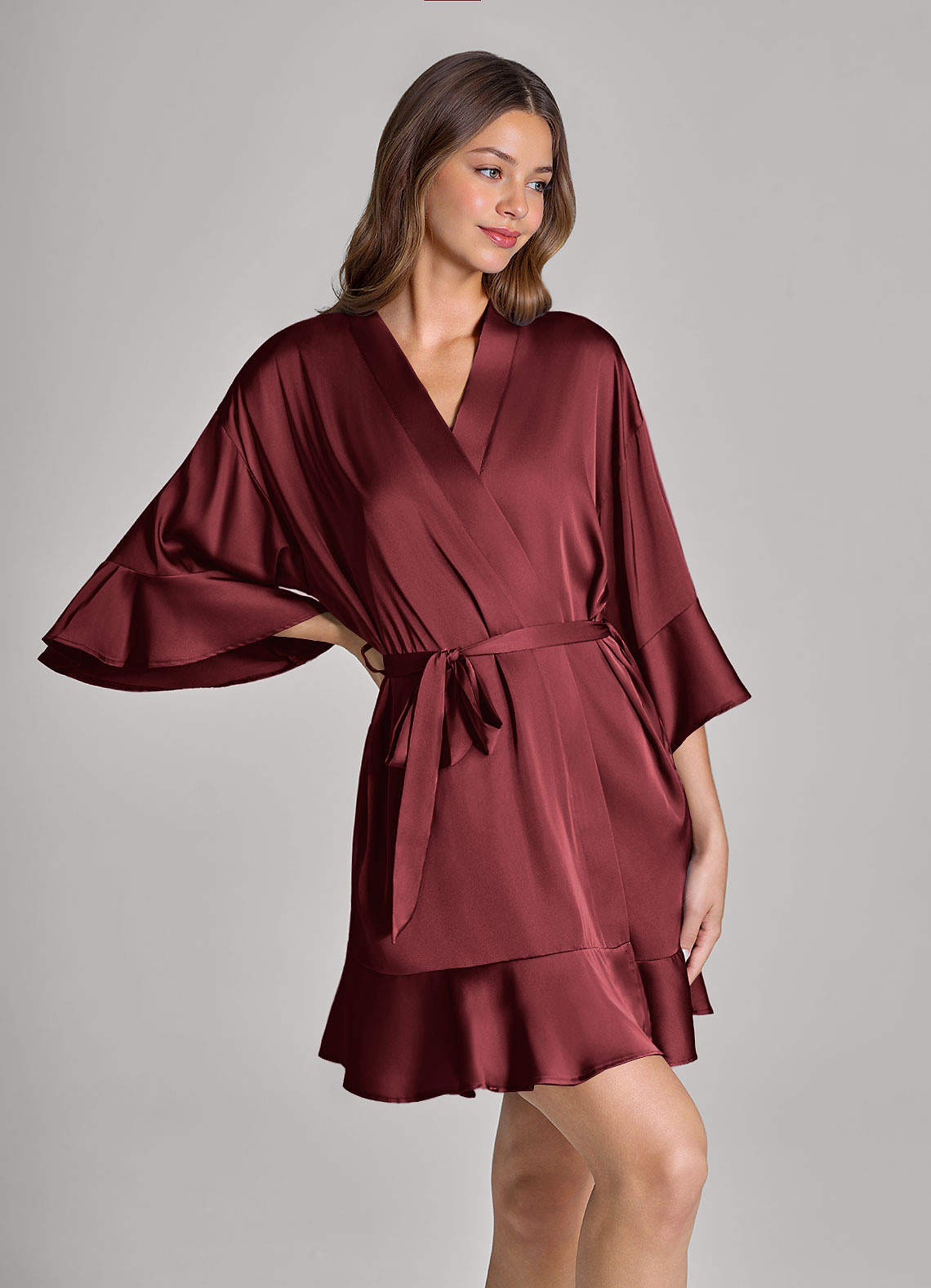 front Matching Color Ruffled Satin Robe