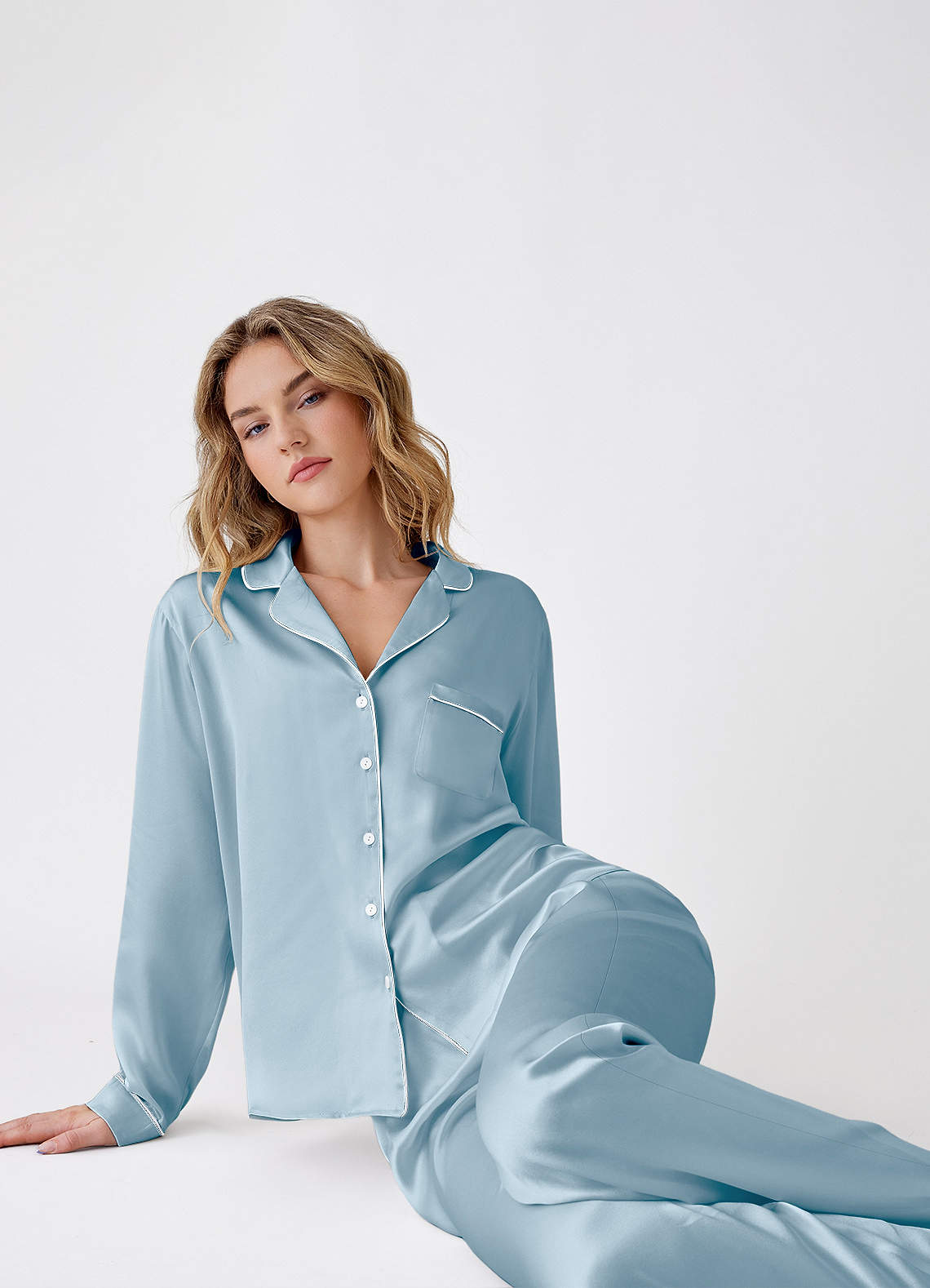 front 100% Washable silk Long Sleeve Pajama Set