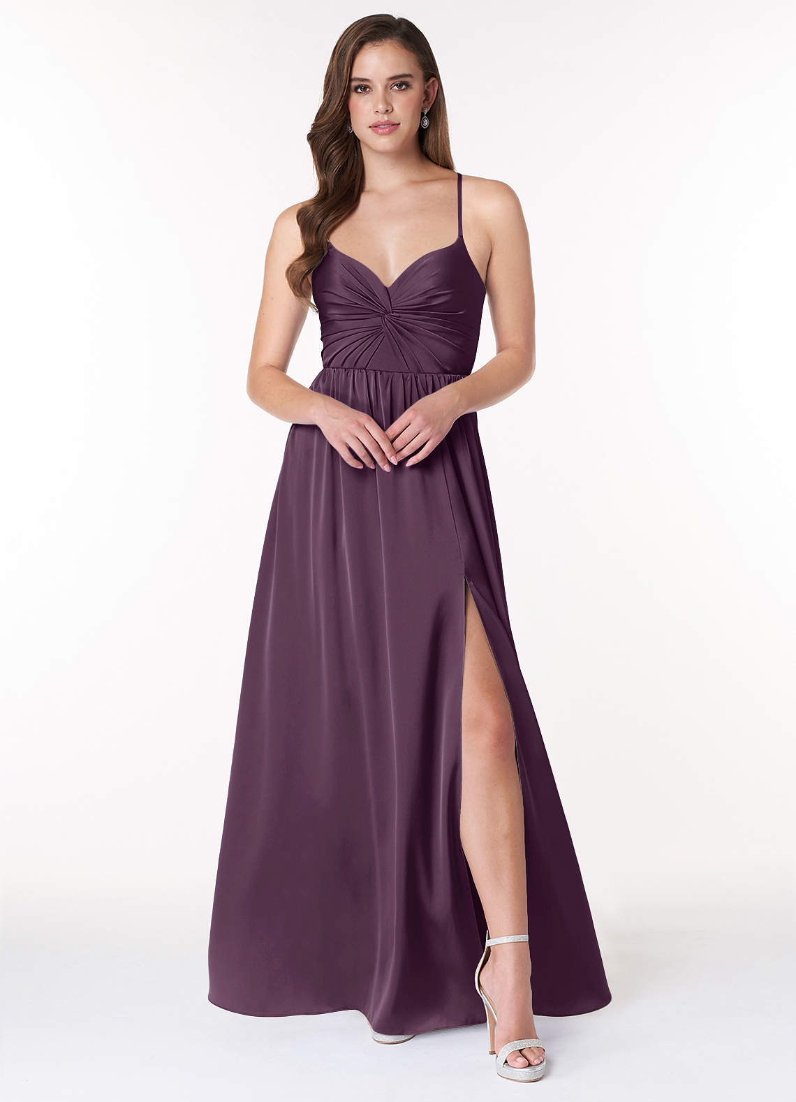 Azazie Raya Bridesmaid Dresses Plum A-Line V-Neck Pleated Stretch Satin Dress image1