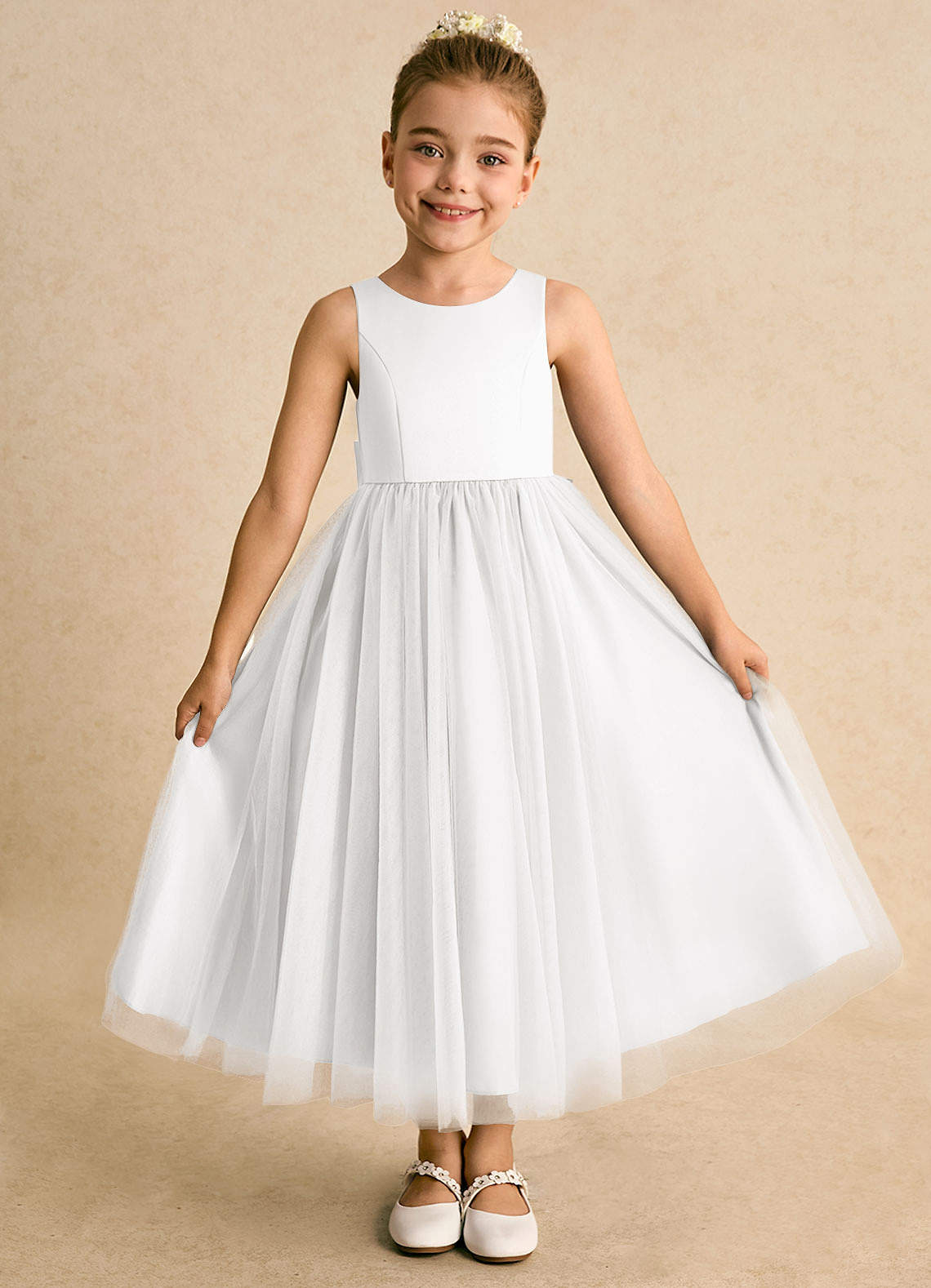 Azazie Solia Robe Demoiselle D'honneur Fillette Robe Princesse en Tulle Arc Blanc image1
