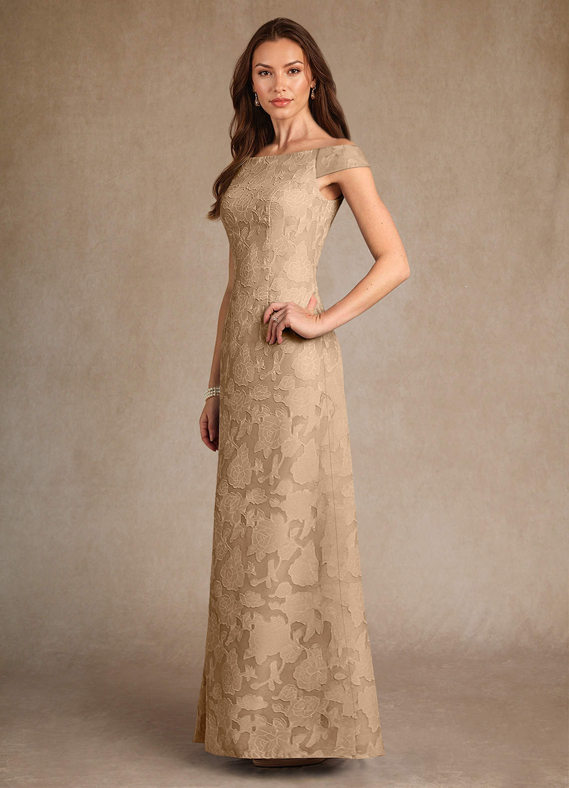 Azazie Moore Champagne A-Line Boatneck Floral Burnout Dress Ready