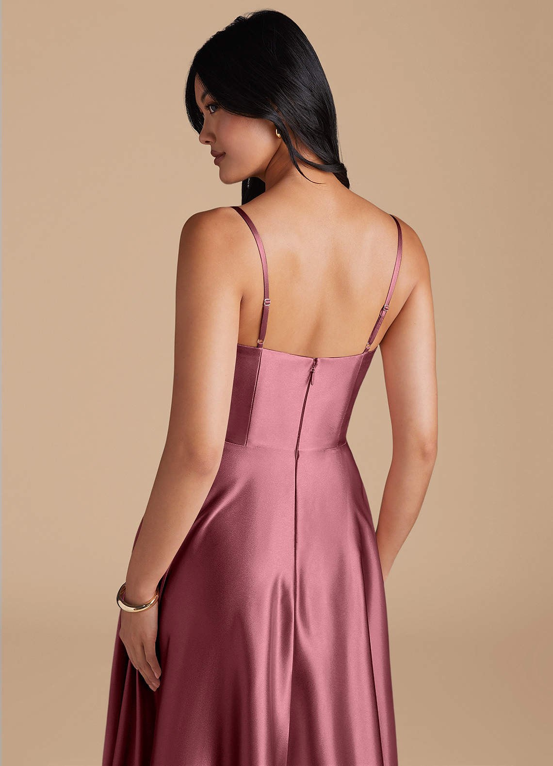 Azazie Elle Suknie dla druhen Linia A z kieszeniami Metaliczny satynowy Do ziemi Sukienka image3