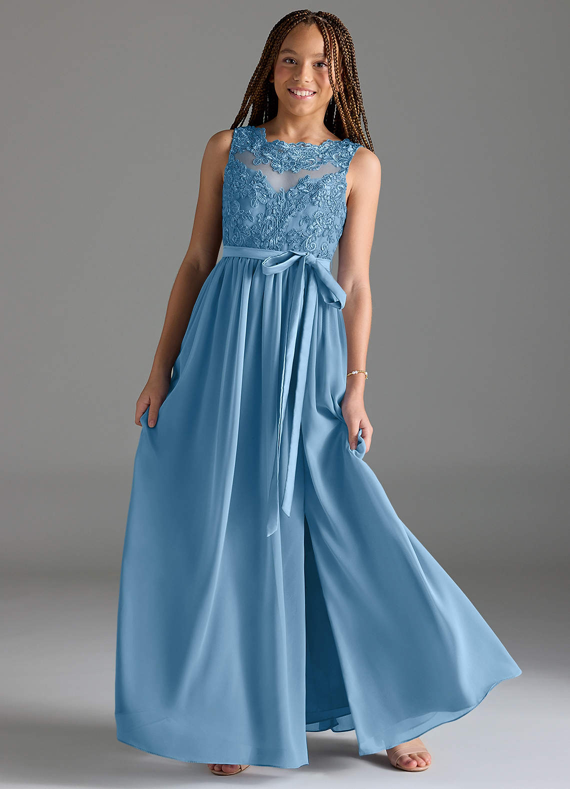 Azazie Elly Junior Jurk van Chiffon met A-Lijn Kant Staal Blauw image1