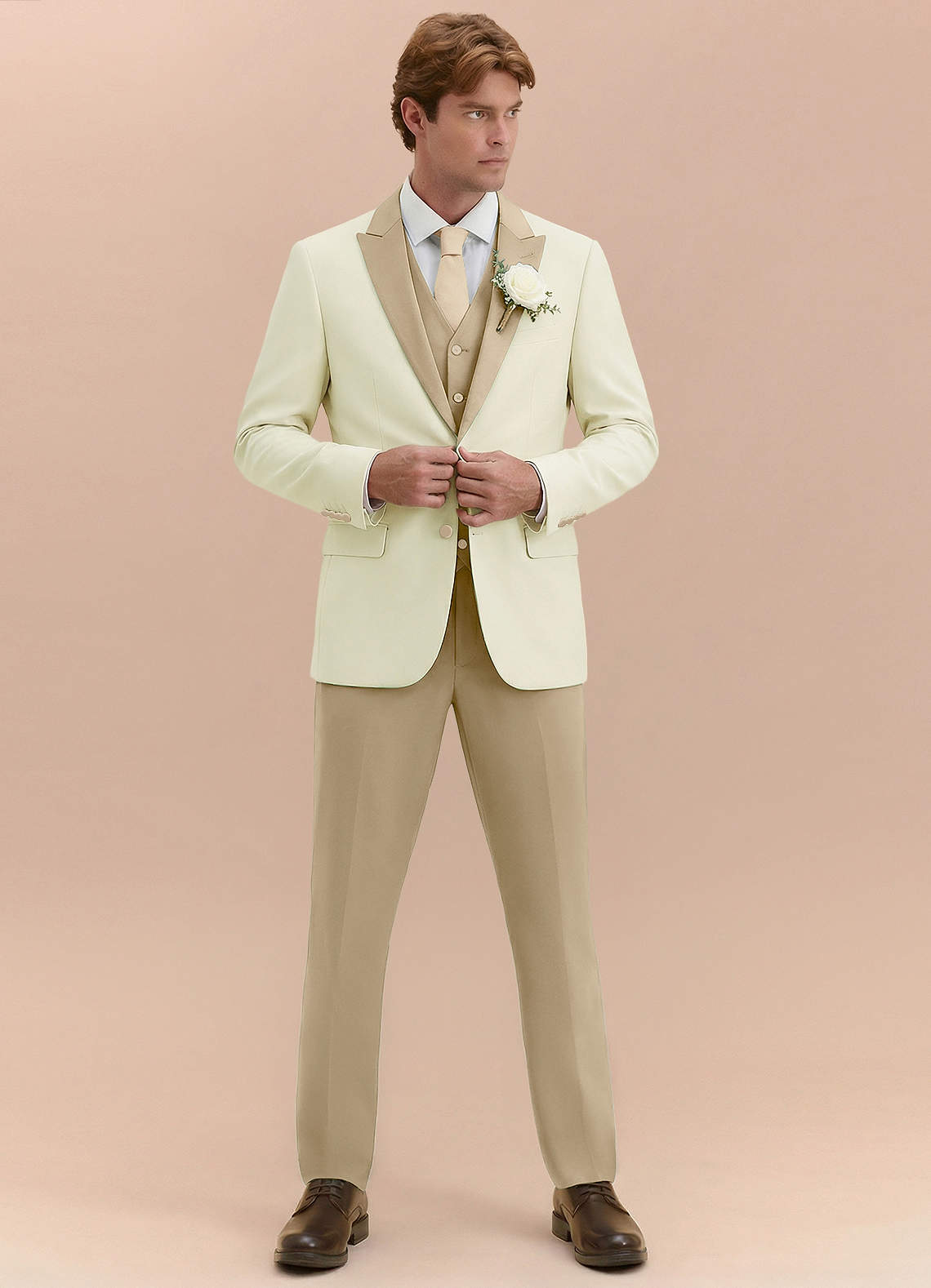 front Adrian Champagne Shawl Lapel Structured Stretch 3-piece Tuxedo Suit