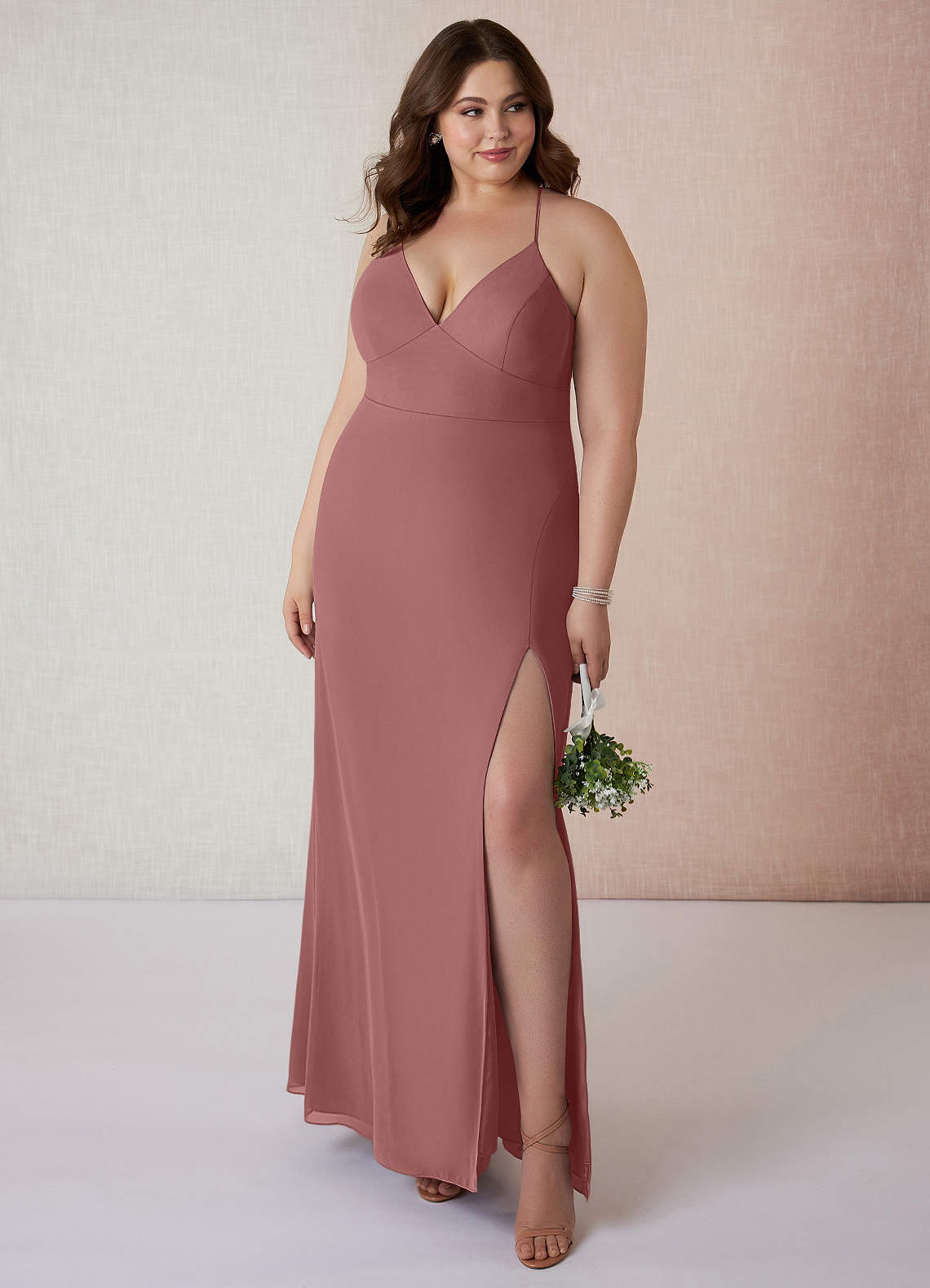 Azazie Becca Bridesmaid Dresses Desert Rose Sheath V-Neck Chiffon Dress image1