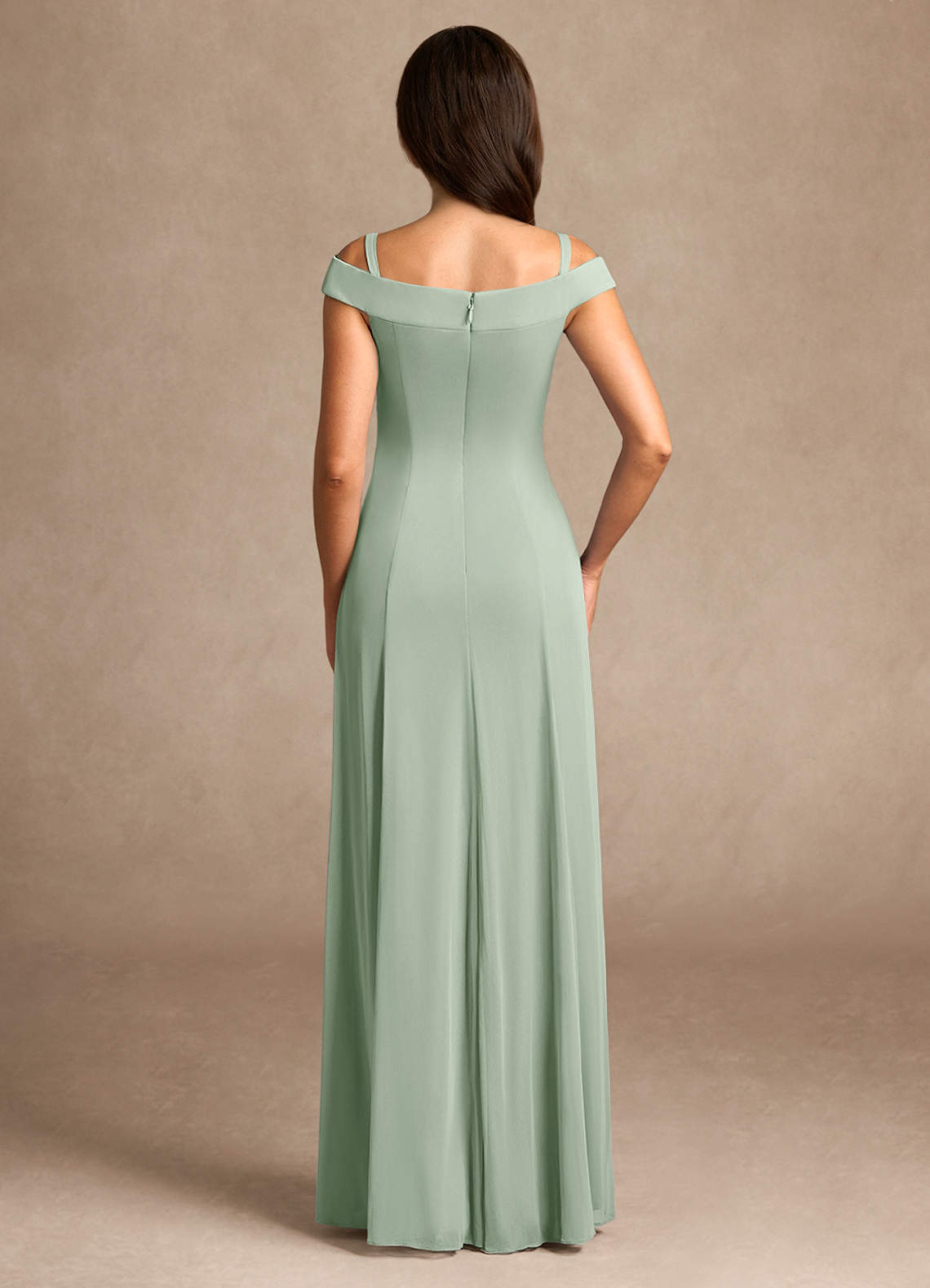 Azazie Ewa Mother of the Bride Dresses Dusty Sage A-Line Off the Shoulder Mesh Dress image7