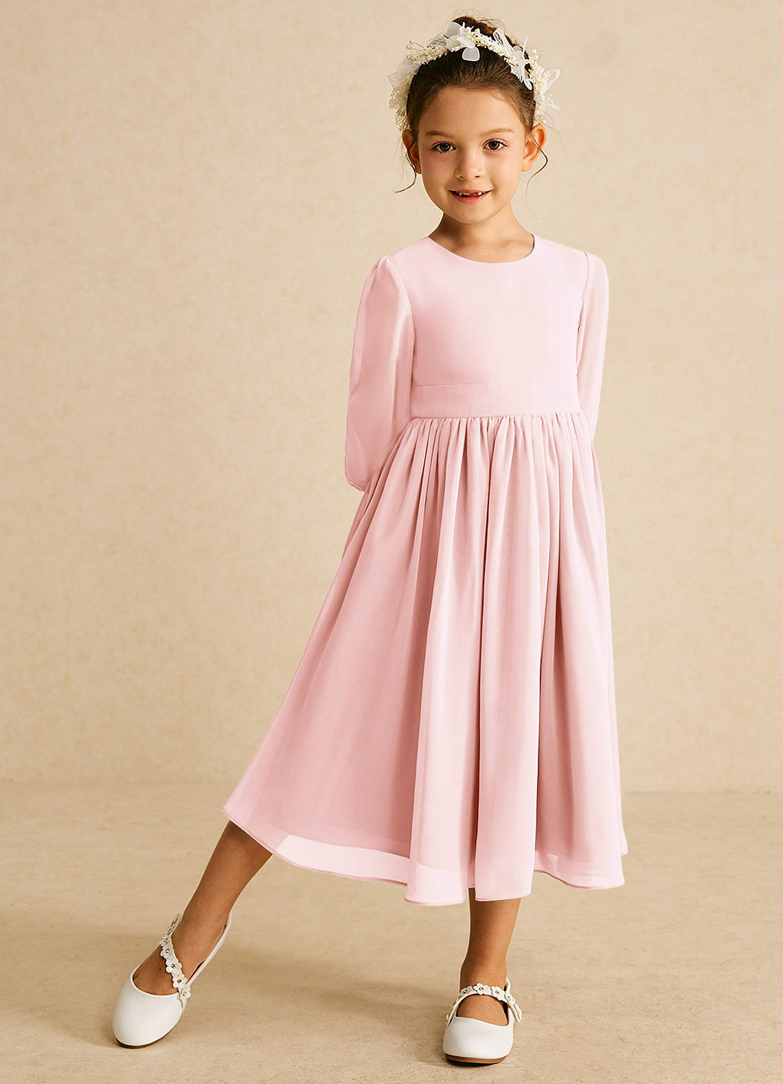Azazie Lolo Abiti da Ragazza di Fiori Abito A-Line in Chiffon Con Maniche Rosa Rossore image1