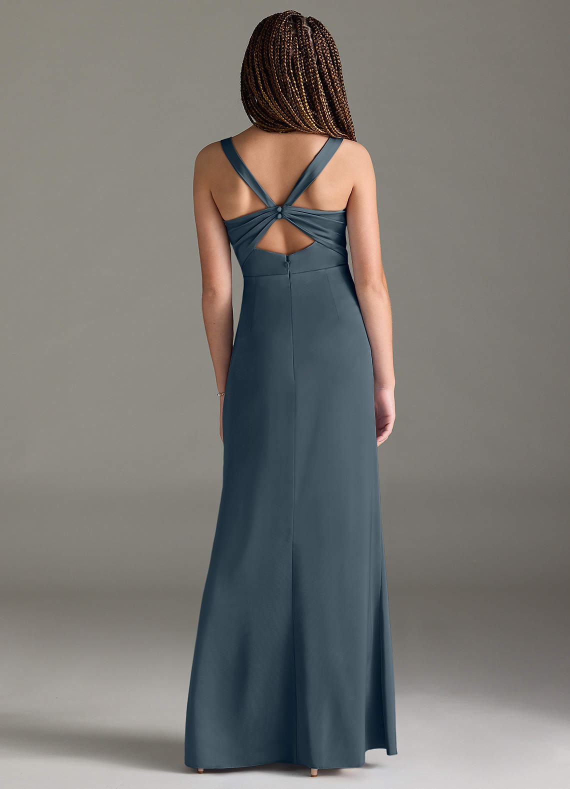 Azazie Mero Junior Vestido de Crepúsculo de Satén Elástico de Corte Sirena con Plisado image4