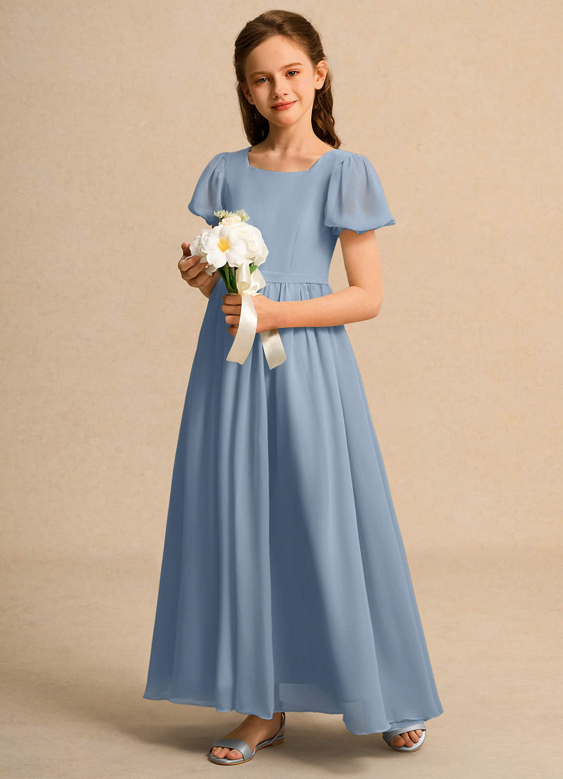 Azazie Lilia Girls Formal Flower Girl Dresses Dusty Blue A-Line with Sleeves Chiffon Dress image2
