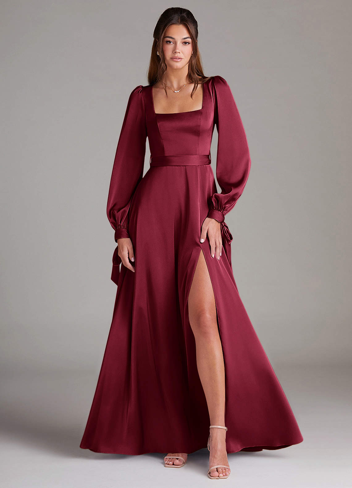 burgundy satin dress long sleeve Azazie Leonia Semi Formal