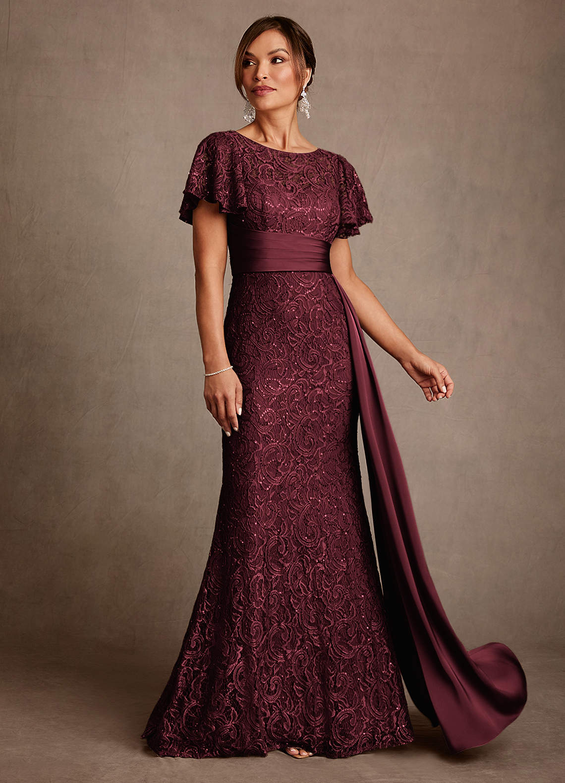 Azazie Harrison Moeder van de bruid jurken Zeemeermin Jurk van Kant Geplooid Cabernet image1