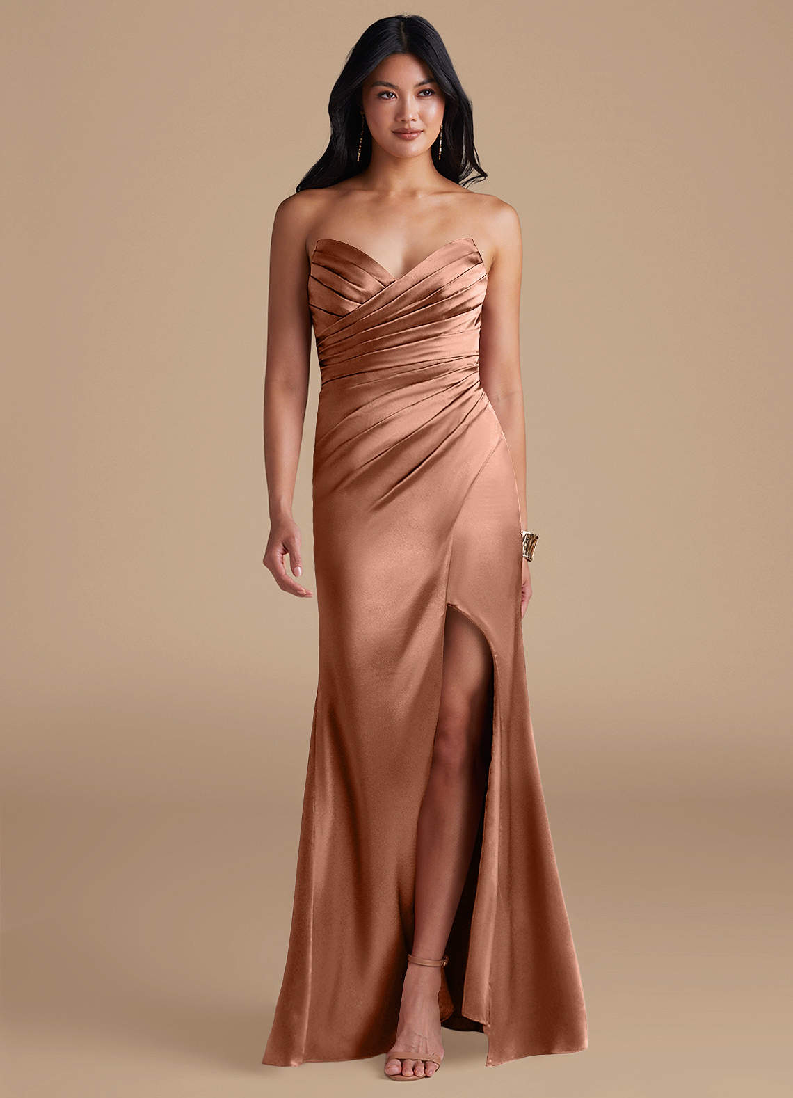 Azazie Yola Bridesmaid Dresses Bronzer Sheath Pleated Metallic Satin Dress image1
