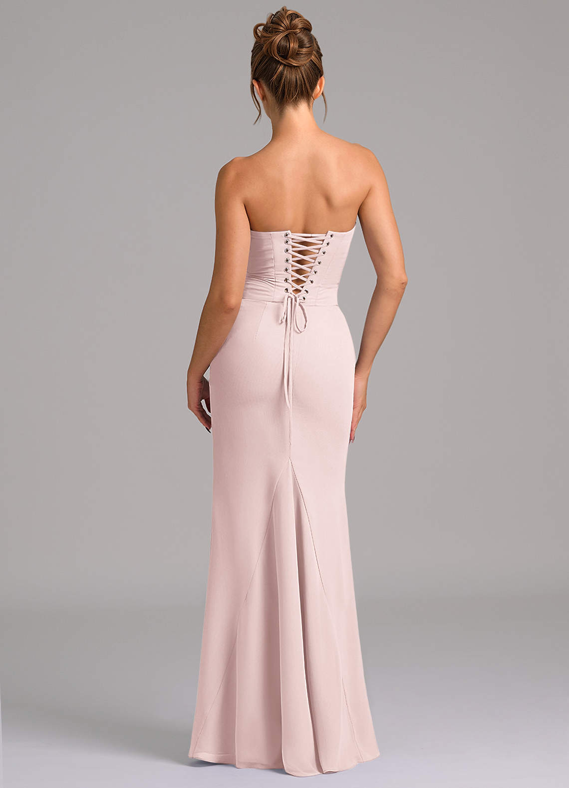 Azazie Sorrel Vestidos de damas de honor Vestido de Rosa Rubor de Gasa de Corte Sirena con Corsé image1