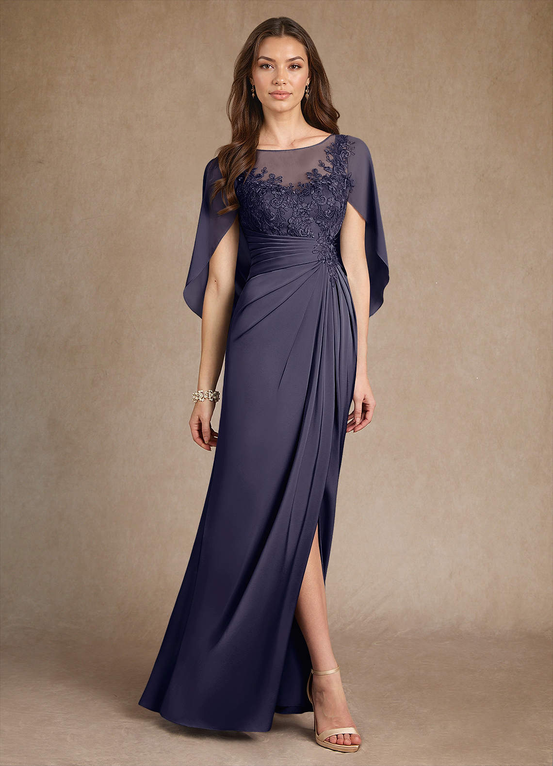 Azazie Hera Mère de la mariée Robes Robe Trapèze en Satin extensible Dentelle Bleu Orageux image3