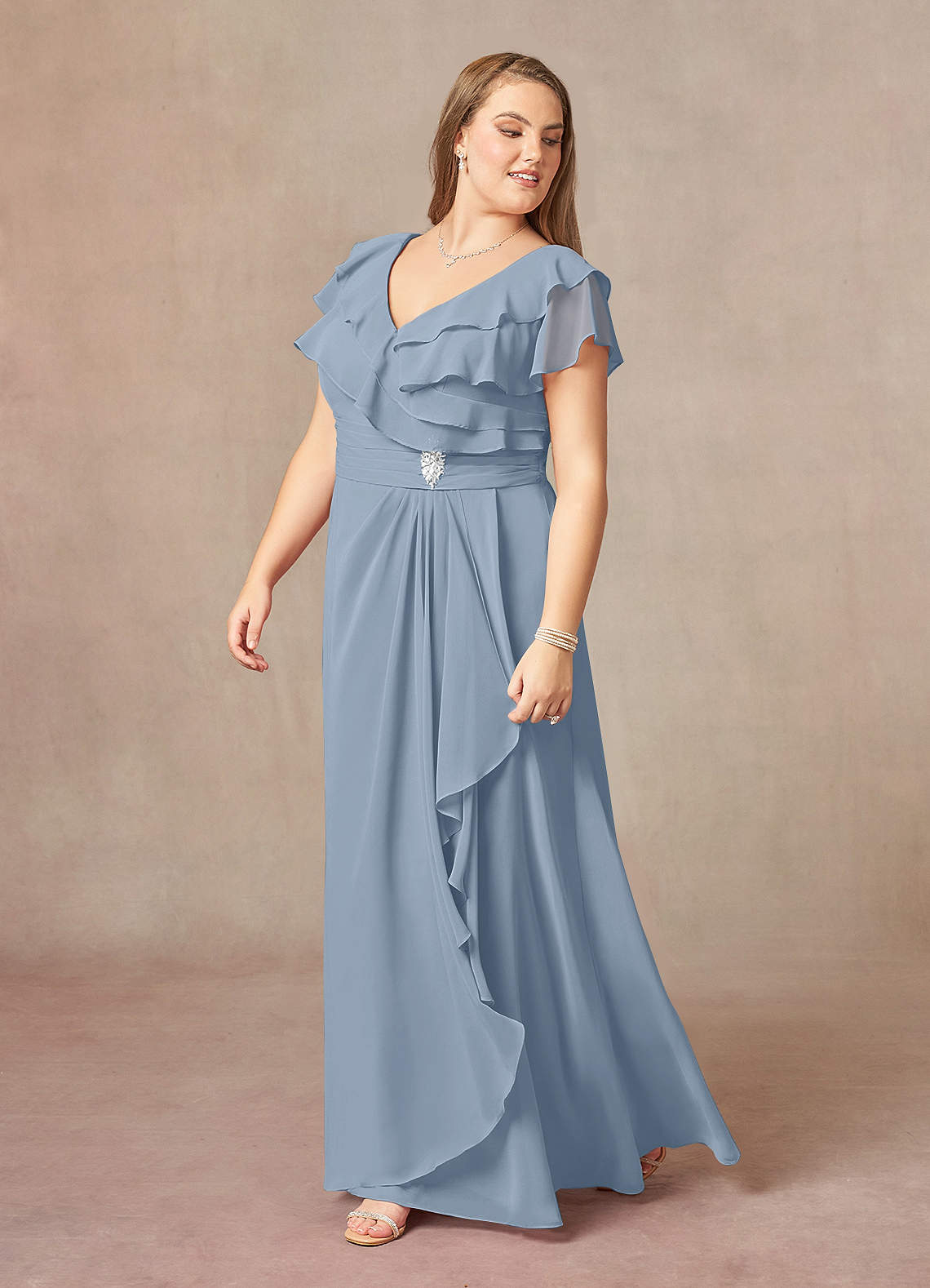 Azazie Snapdragon Brudens mor kjoler A-Line V-hals Ruched Chiffon Gulv-længde Kjole image7
