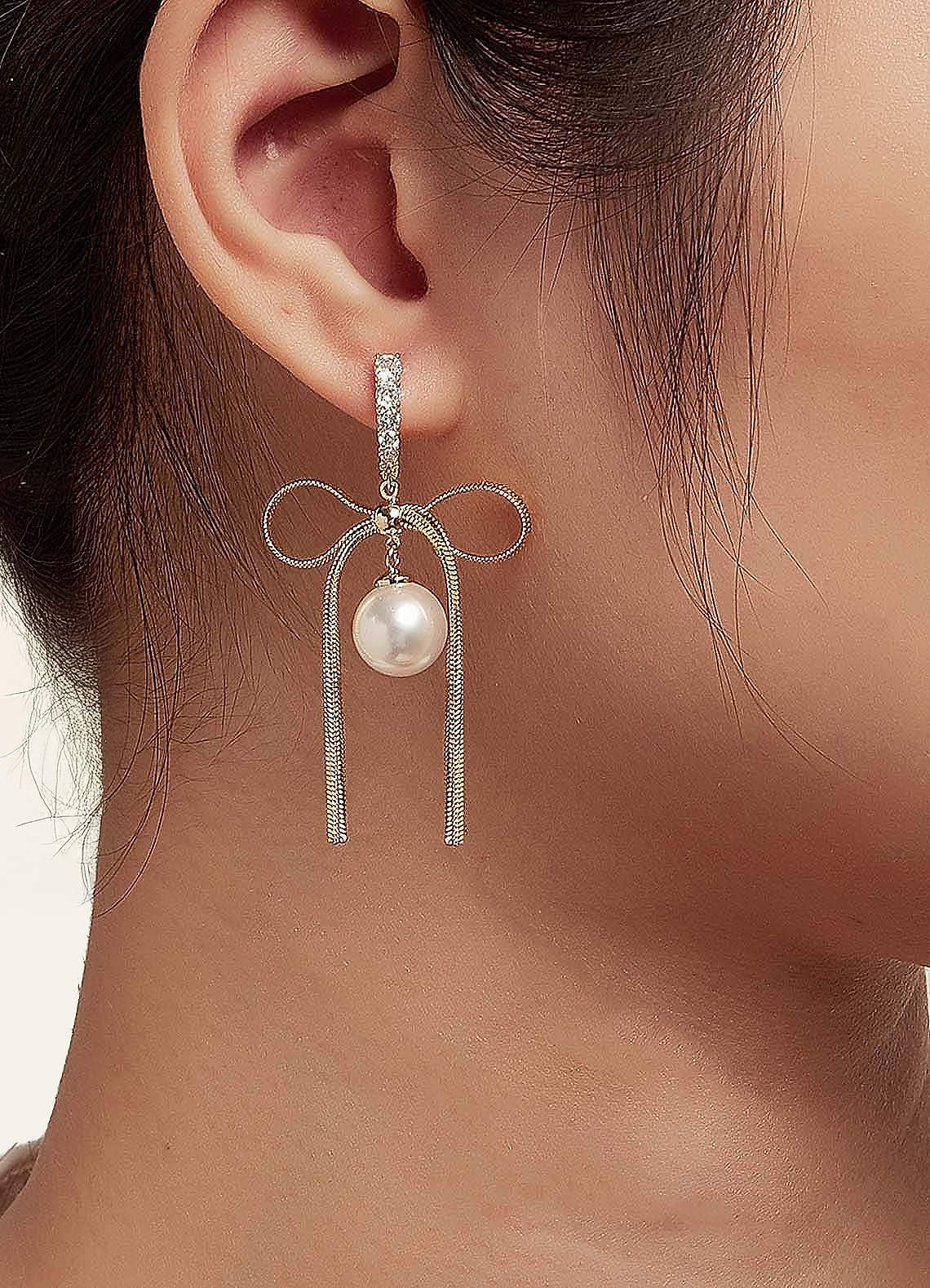 front Bow and Pearl Dangle Earrings