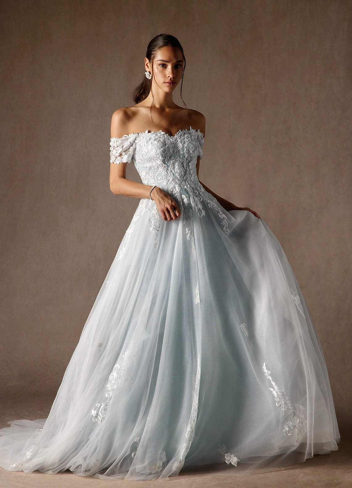 Azazie Rowe At-home Try On Dresses Cloudy Blue Ball-Gown Off the Shoulder Tulle Dress image2
