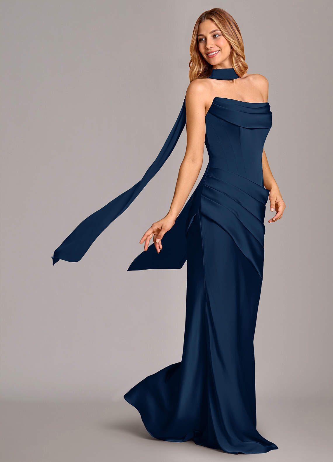 Azazie Pelagia Brudtärnklänningar Klä av Sjöjungfru i Stretch Satin Korsett Mörk Marinblå Konvertibel image1