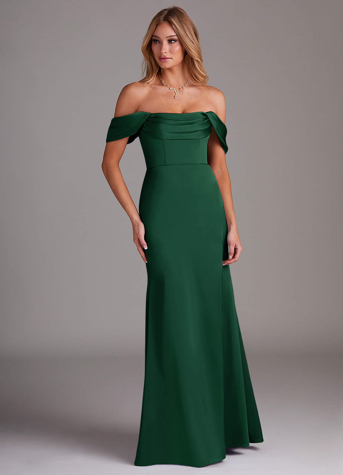 Azazie Saige Bridesmaid Dresses Dark Green Sheath Off the Shoulder Stretch Satin Dress image3
