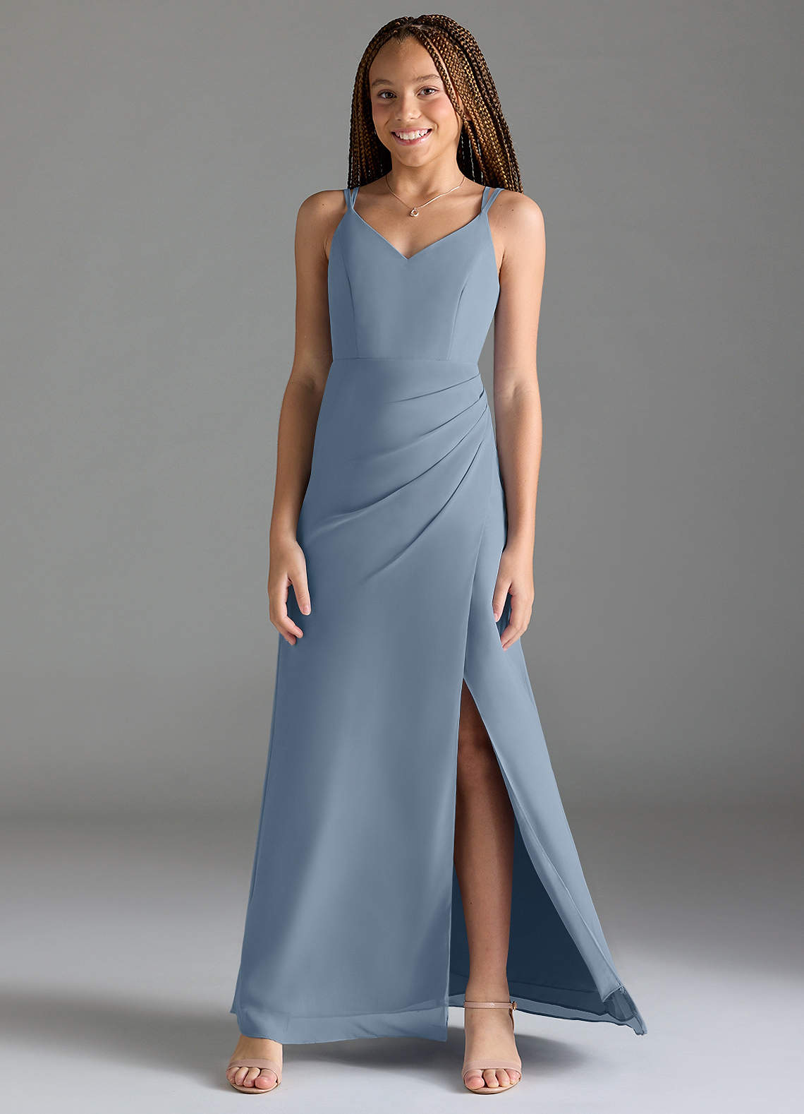 Azazie Leo Junior Vestido de Azul Polvoriento de Gasa de Sirena con Plisado image1