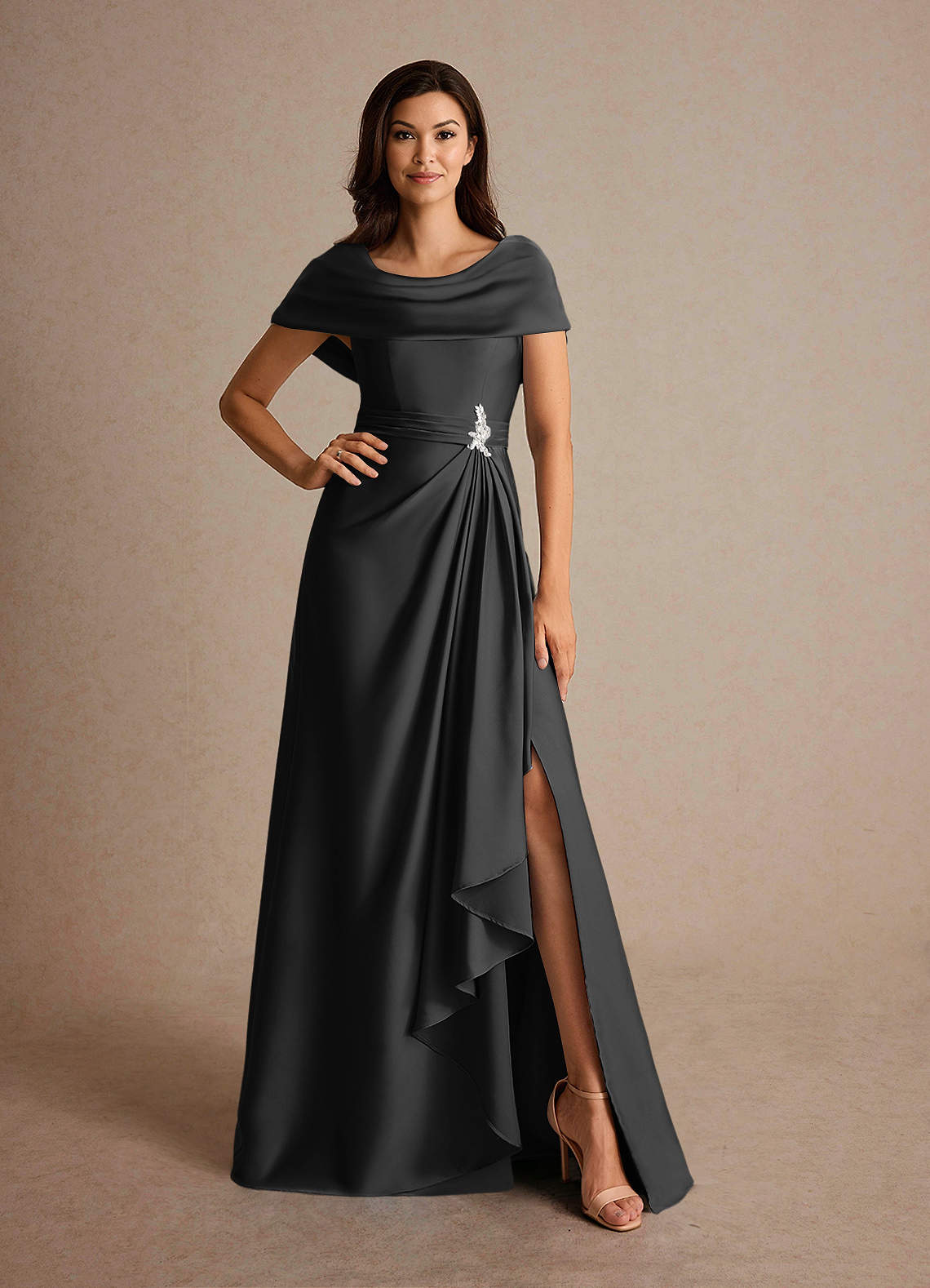 Azazie Branford Mother of the Bride Dresses Black A-Line Pleated Stretch Satin Dress image4