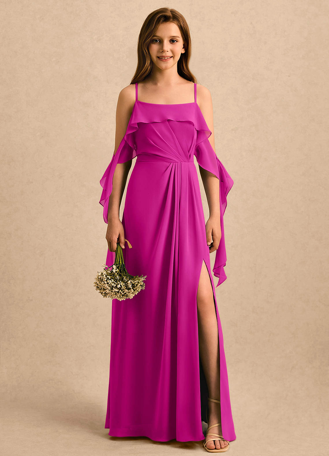 Azazie Ameena Girls Formal Fuchsia A-Line Ruched Chiffon Dress | Azazie
