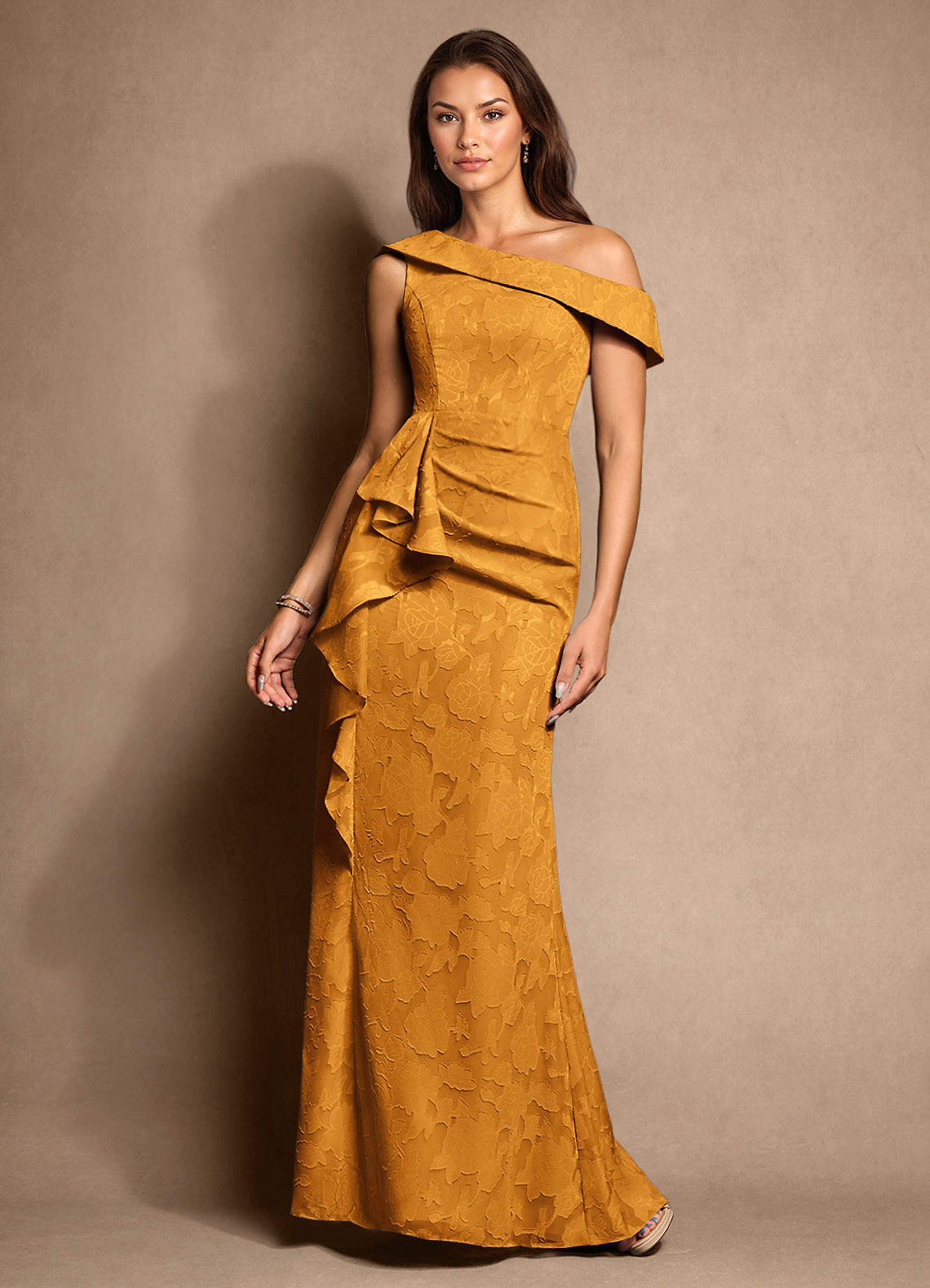 Azazie Hamptons Mother of the Bride Dresses Butterscotch A-Line Pleated Floral Burnout Dress image1