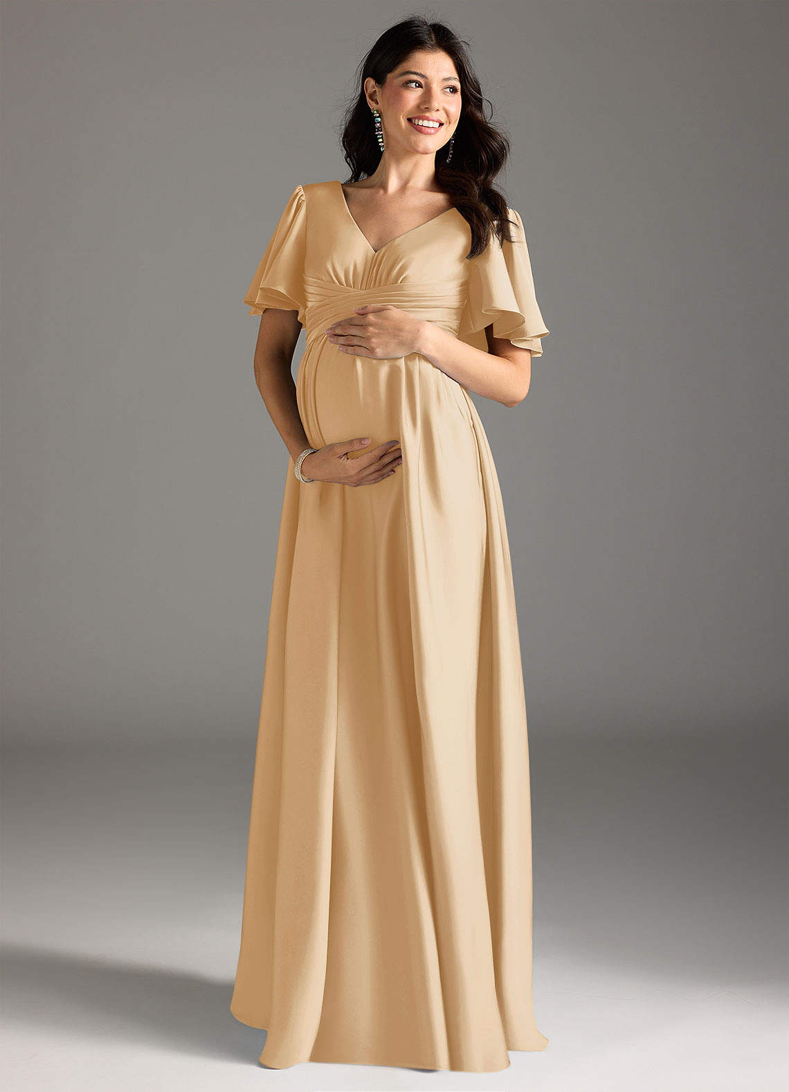 gold formal maternity dresses Oscar Bronze Satin Maternity Gown for Photo Shoot and Baby Showers – sharon  rose custom main image 0