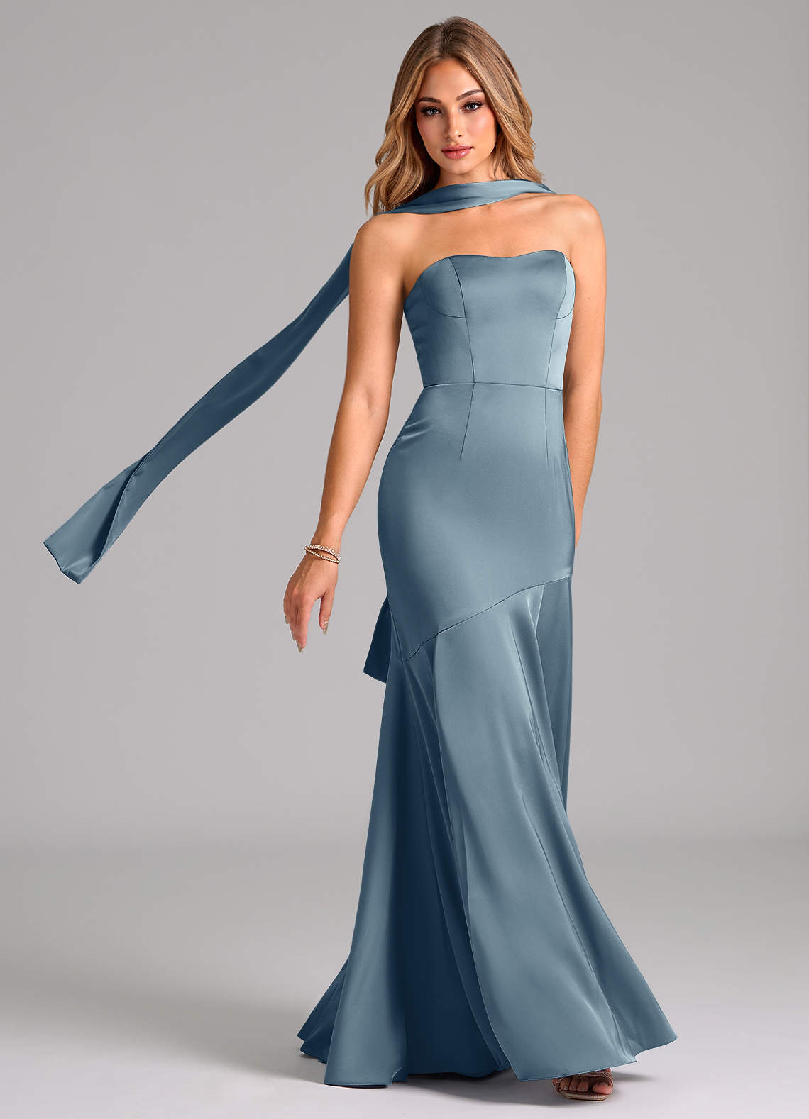 Azazie Shiloh Bridesmaid Dresses Dusty Blue Mermaid Strapless Stretch Satin Convertible Dress image1